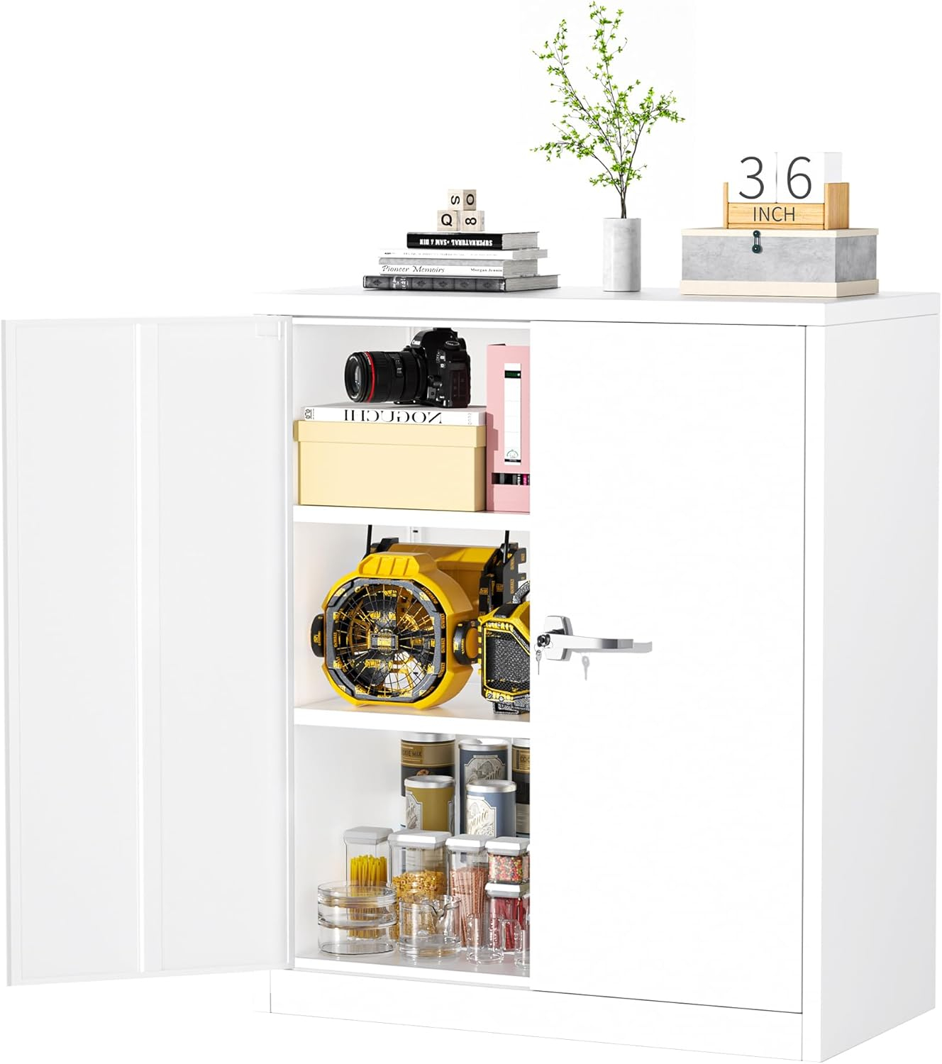 Greenvelly Metal Storage Cabinet with Lock, 36" Metal Locking Storage Cabinet with Doors and 2 Adjustable Shelves, Lockable Steel Cabinets for Office,Garage, Home, School (White)