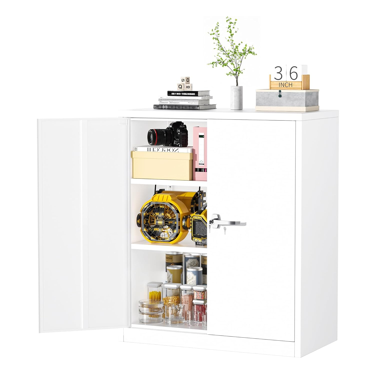 Greenvelly Metal Storage Cabinet with Lock, 36" Metal Locking Storage Cabinet with Doors and 2 Adjustable Shelves, Lockable Steel Cabinets for Office,Garage, Home, School (White)