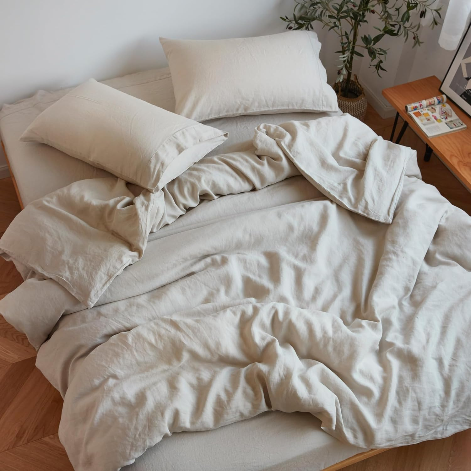 King Size Stone Washed Organic Linen Bed Sheet Set