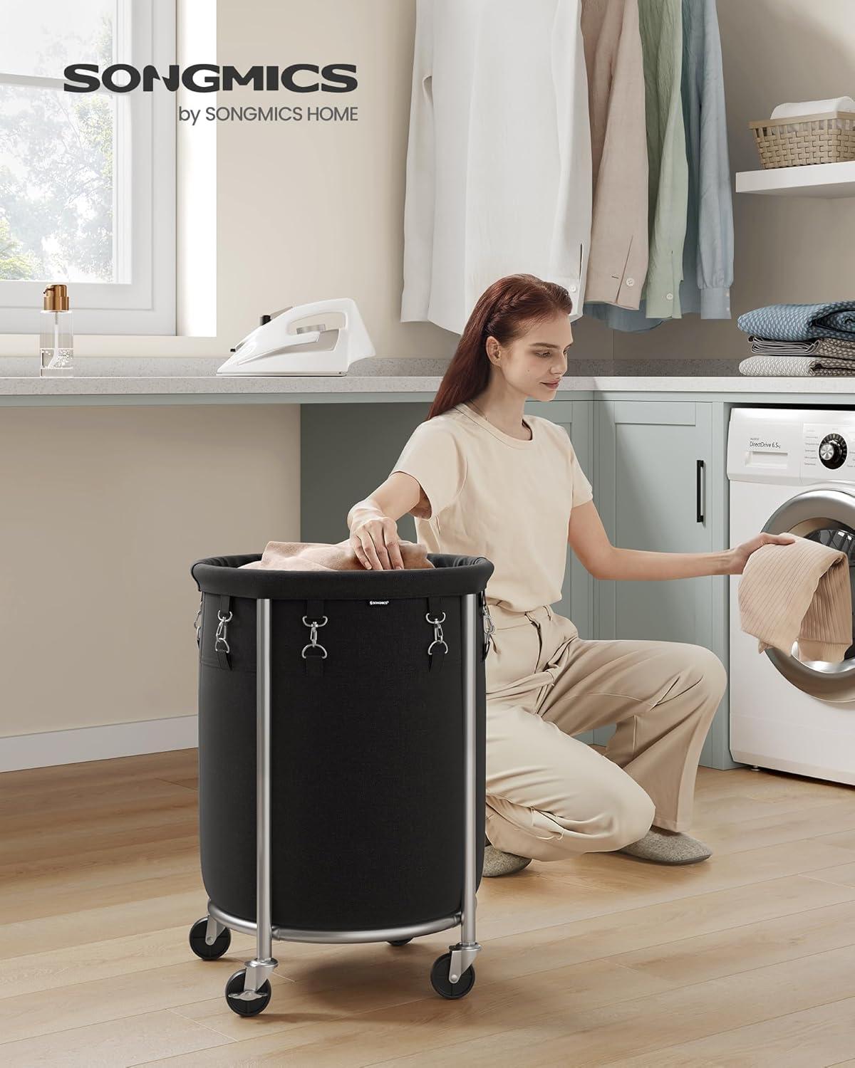SONGMICS Laundry Basket with Wheels, Rolling Laundry Hamper, 18.5 Gal., Round Laundry Cart with Steel Frame and Removable Bag, 4 Casters and 2 Brakes, Black and Silver URLS006B01