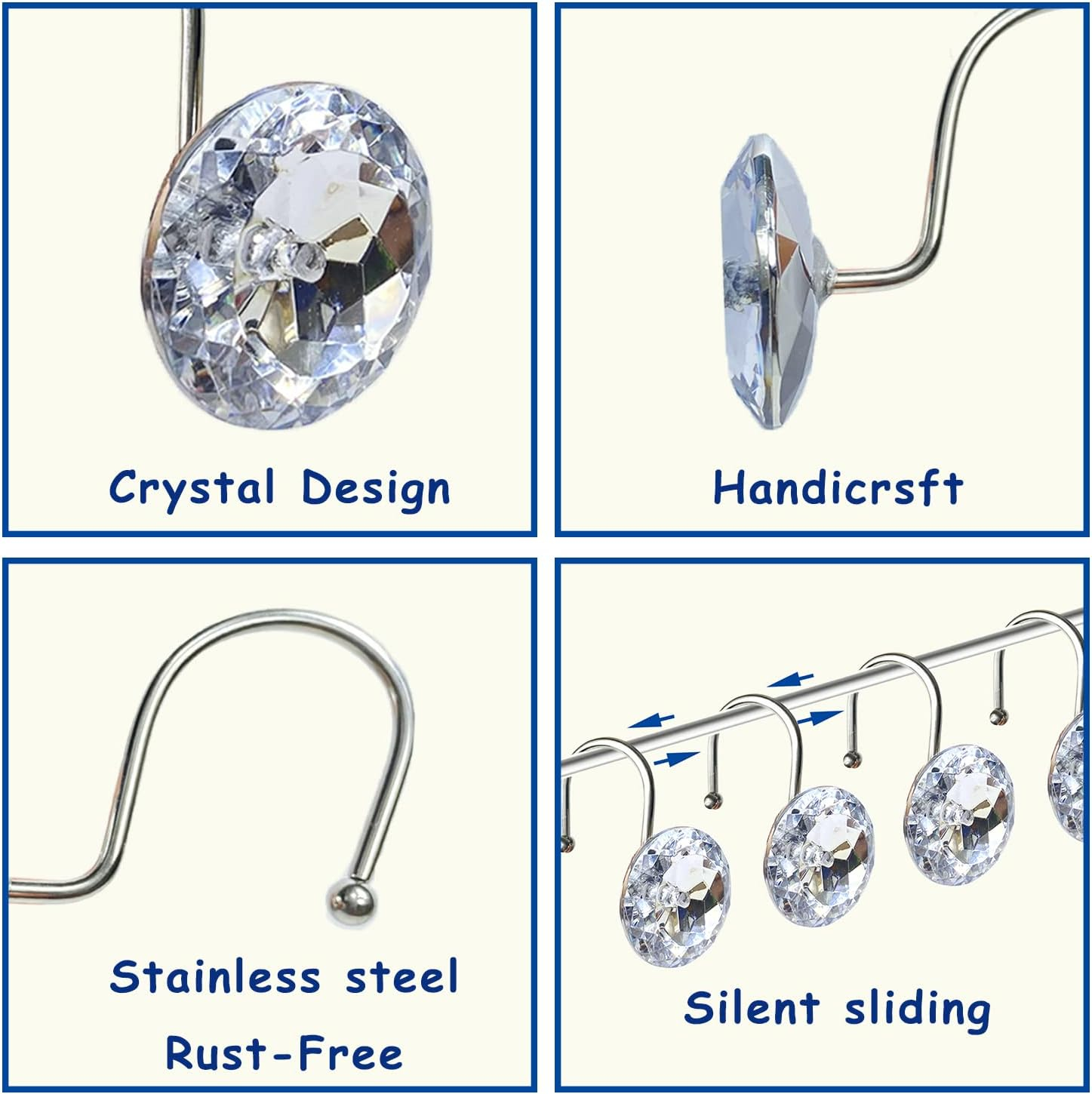 Clear Acrylic Rhinestone Stainless Steel Shower Curtain Hooks Set