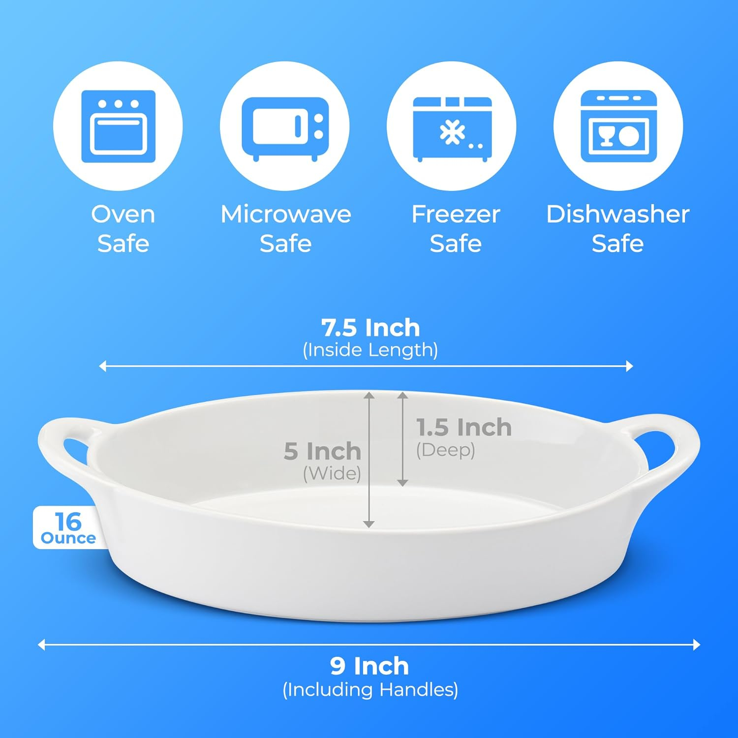 Oval Au Gratin Baking Dishes for Oven Safe and Microwave Cooking and Baking, 4 Pc. Dish Set, Heat Resistant Ceramic with Handles for Serving, Small Mini Casserole Dish, 8” x 5”, 16 oz, Matte Black