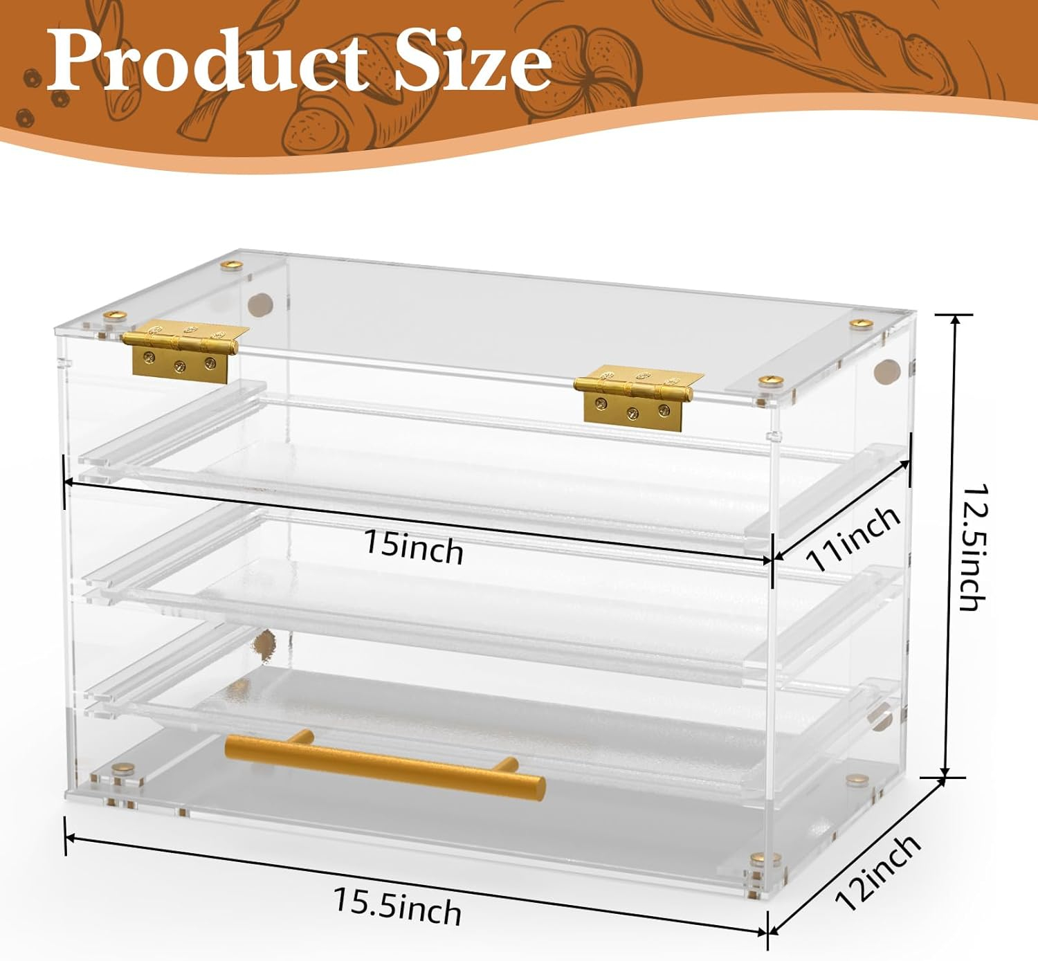 Bakery Display Case Countertop,3 Tray Pastry Display Case with Serving Tong Commercial Clear Acrylic Bread Box Display Case with Front Door for Cookie Food Donut Deseert Cupcake Bagels Cake