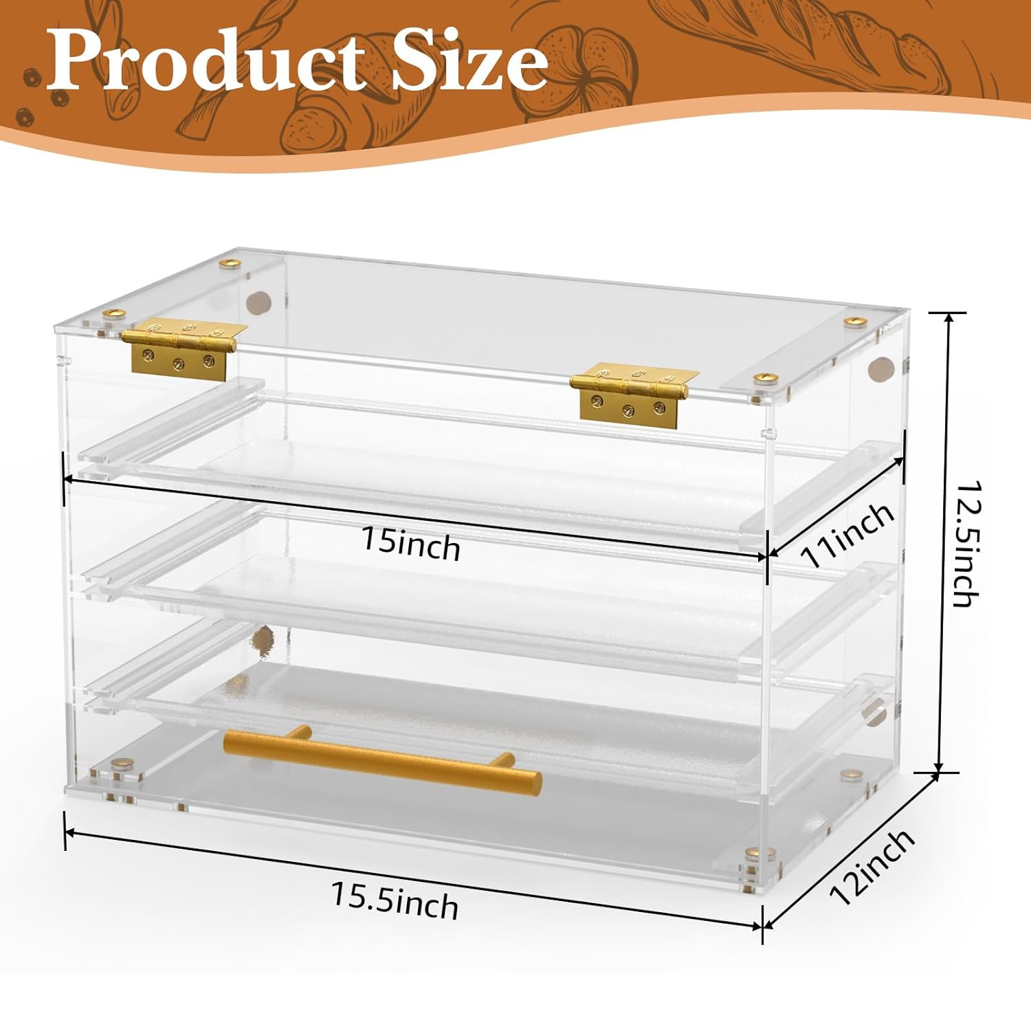 Bakery Display Case Countertop,3 Tray Pastry Display Case with Serving Tong Commercial Clear Acrylic Bread Box Display Case with Front Door for Cookie Food Donut Deseert Cupcake Bagels Cake