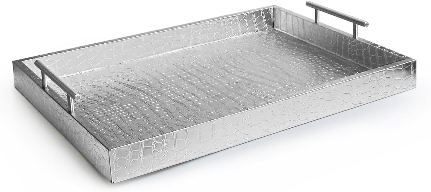 American Atelier, Silver Polyurethane Leather Alligator Rectangular Serving Tray with Handle, 14x19"