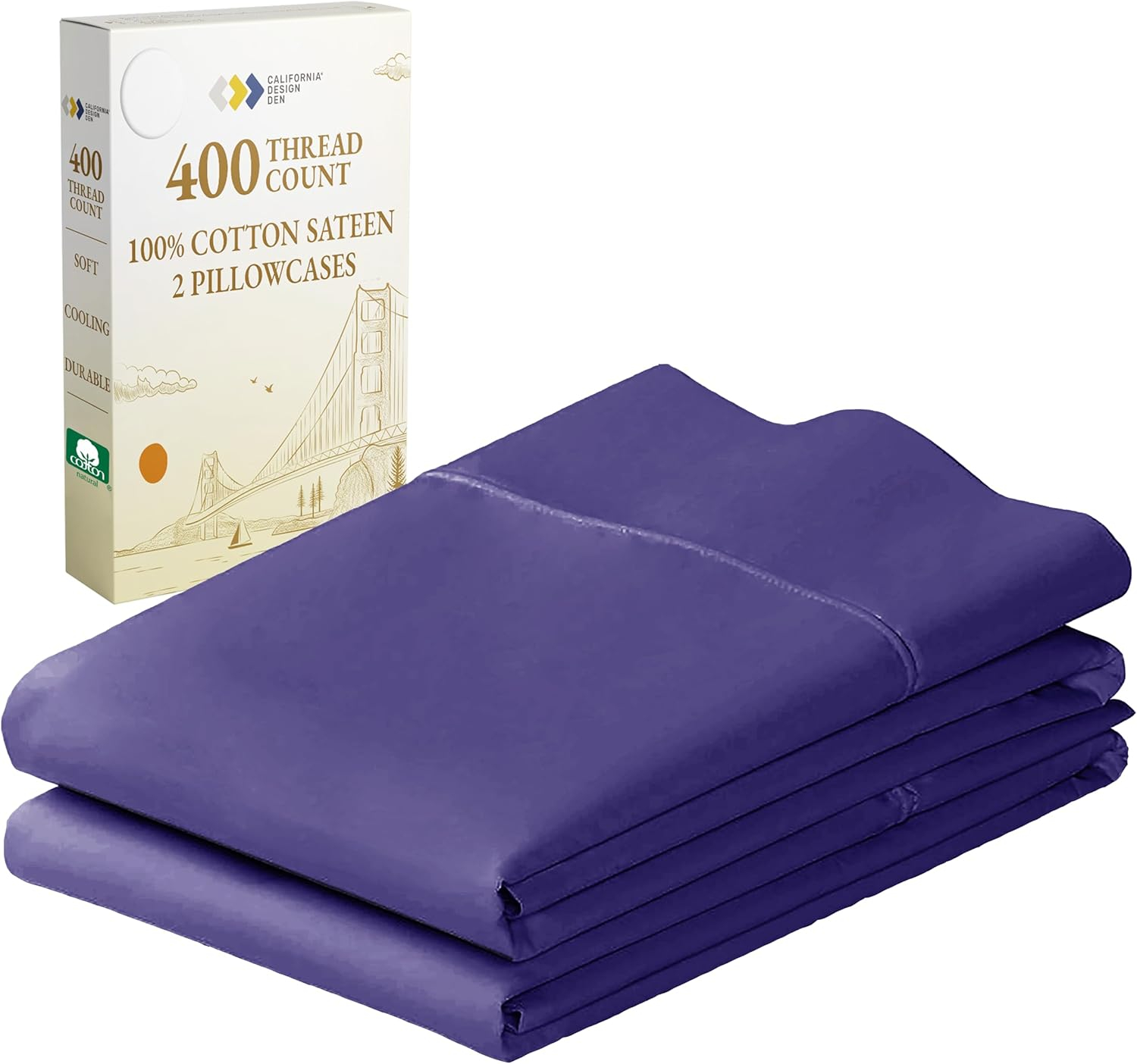 California Design Den Standard Pillow Cases Set Of 2 - 400 Thread Count, 100% Cotton Sateen, Breathable, Cooling, Soft, Perfect fit for Queen and Standard Pillows - Dark Purple