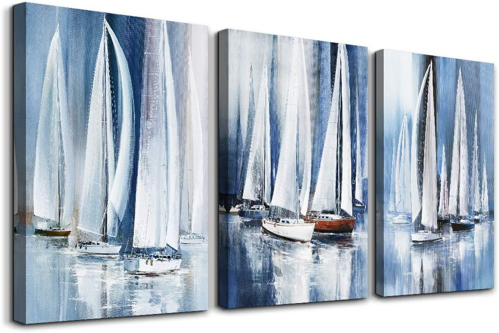 Three-Piece Blue and White Abstract Sailboat Canvas Art