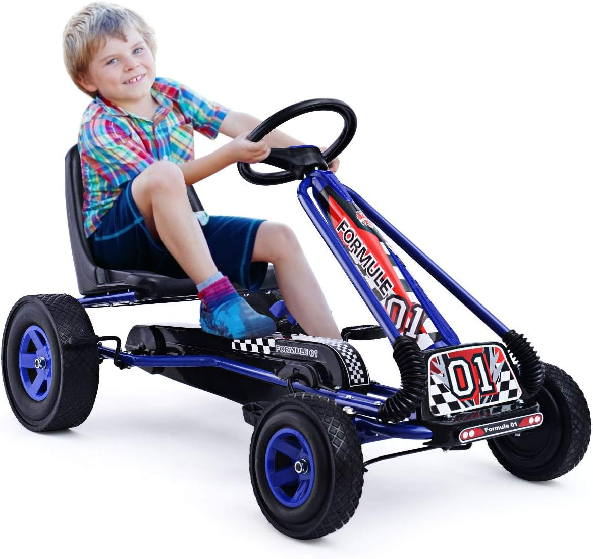 HOMGX Pedal Go Kart, Outdoor Kids Off-Road Go Kart with 2-Position Adjustable Bucket Seat, 2 Safety Brakes, EVA Rubber Tires, Pedal Powered Ride On Kart for Boys & Girls 3-5 (Blue)