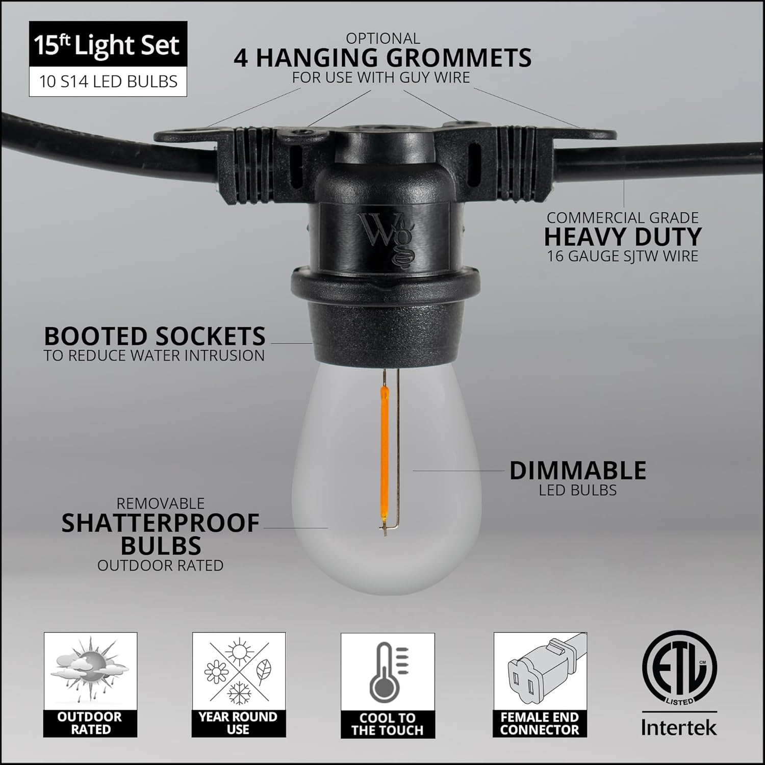 15’ LED Patio Lights, Black E26 SJTW Commercial Watertight Patio Stringer, with 10 Warm White S14 Vintage Edison Filament Bulbs, 18” Spacing