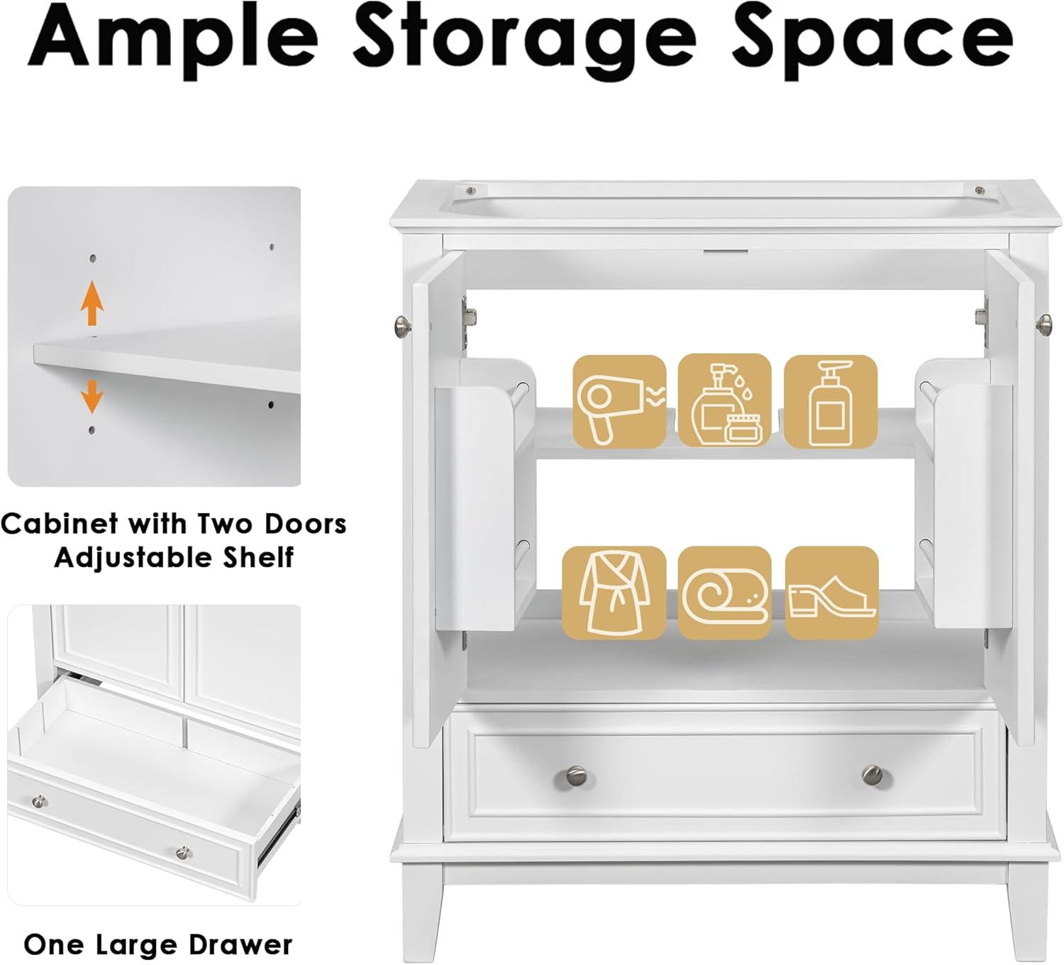 Harper & Bright Designs 30" Bathroom Vanity Without Sink, Free Standing Wooden Bathroom Cabinet with 2 Doors and Drawer for Bathroom, White (Sink Basin Not Included)