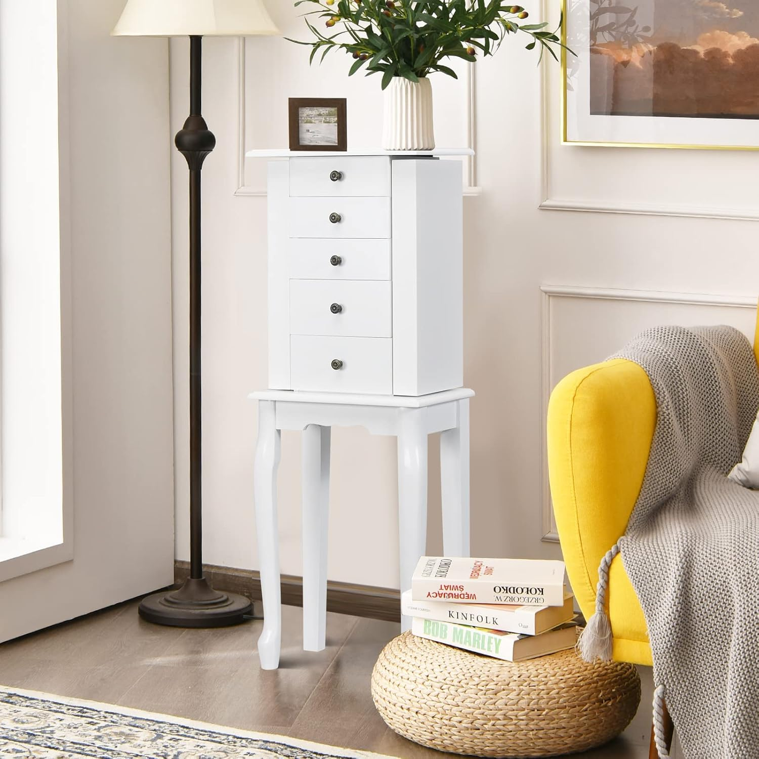 Standing Jewelry Cabinet Armoire with Top Flip Mirror, Jewelry Box Chest with 4 Drawers, Top Compartments, 8 Necklace Hooks and 2 Side Doors, White