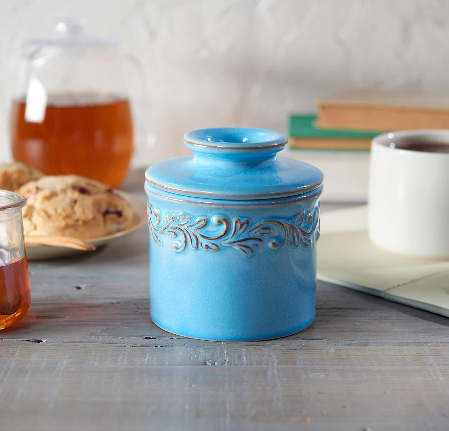 Light Powder Blue Ceramic Round Butter Dish with Lid
