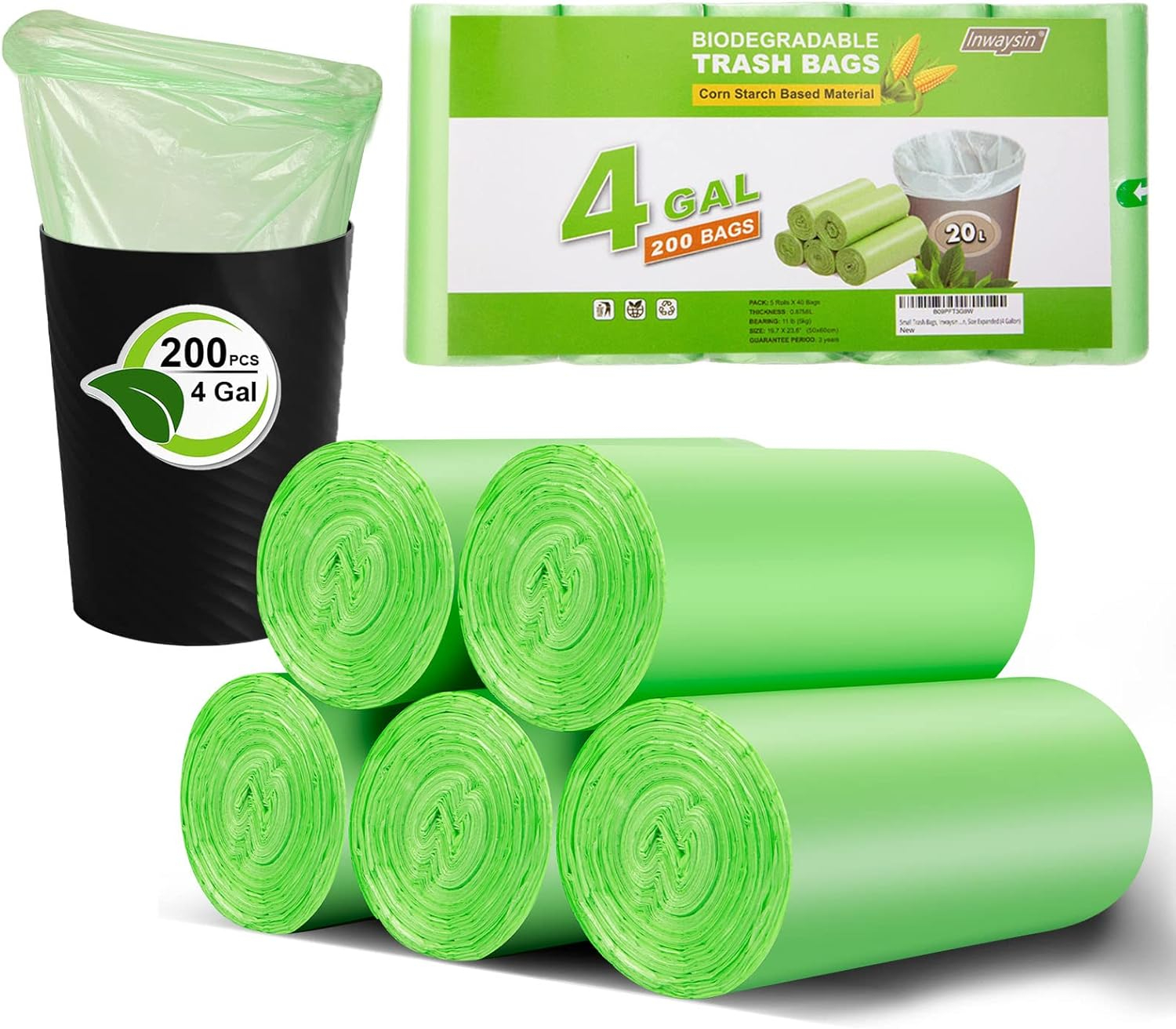 Green Biodegradable 4 Gallon Trash Bags, 200 Count