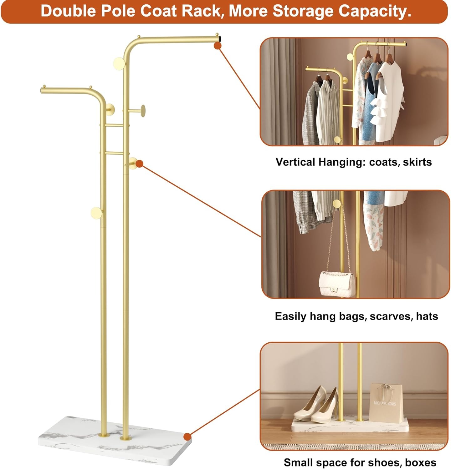 Gold Freestanding Metal Coat Rack with Marble Base and 5 Hooks
