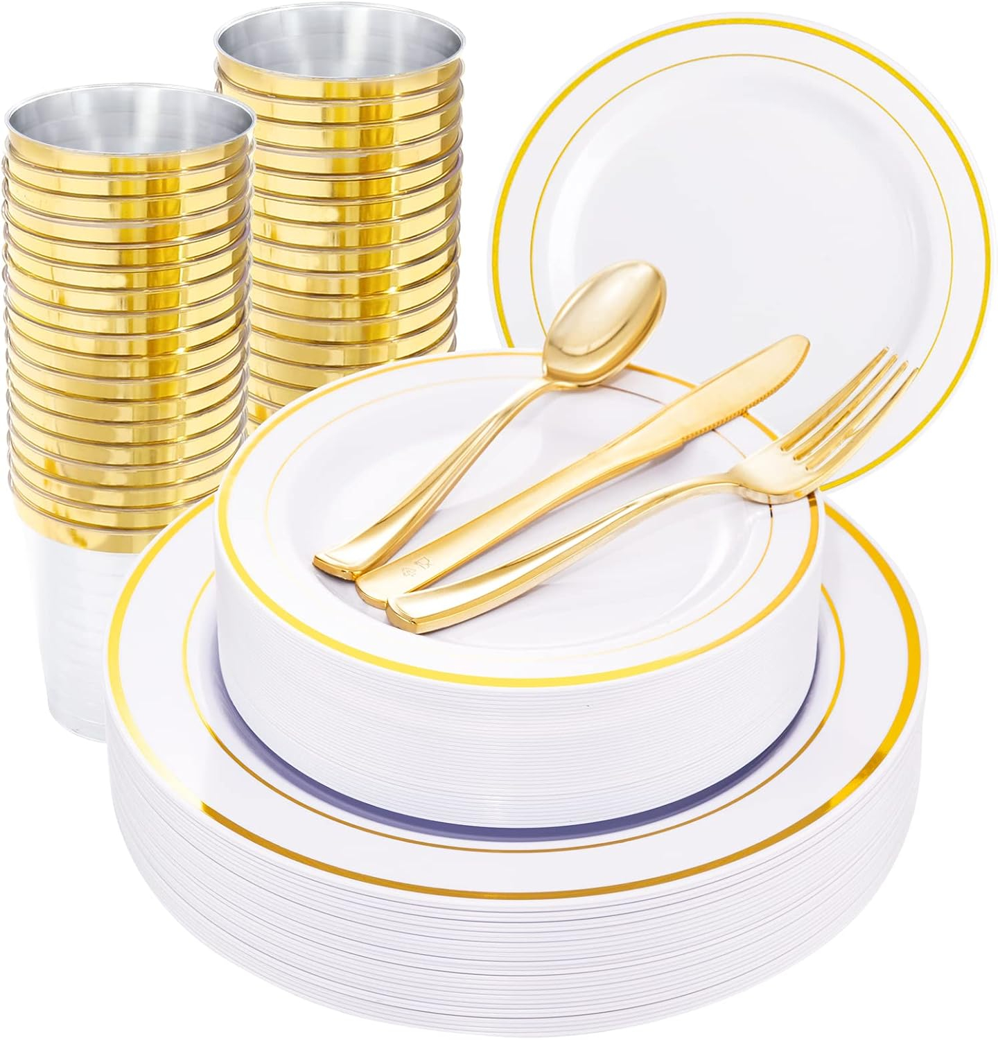 WELLIFE 150 Pcs Gold Plastic Plates, Plastic Dinnerware Set Includes: 25 Dinner plates 10.25", 25 Dessert plates 7.5", 25 gold Cups 9OZ and 25 gold Cutlery for Party