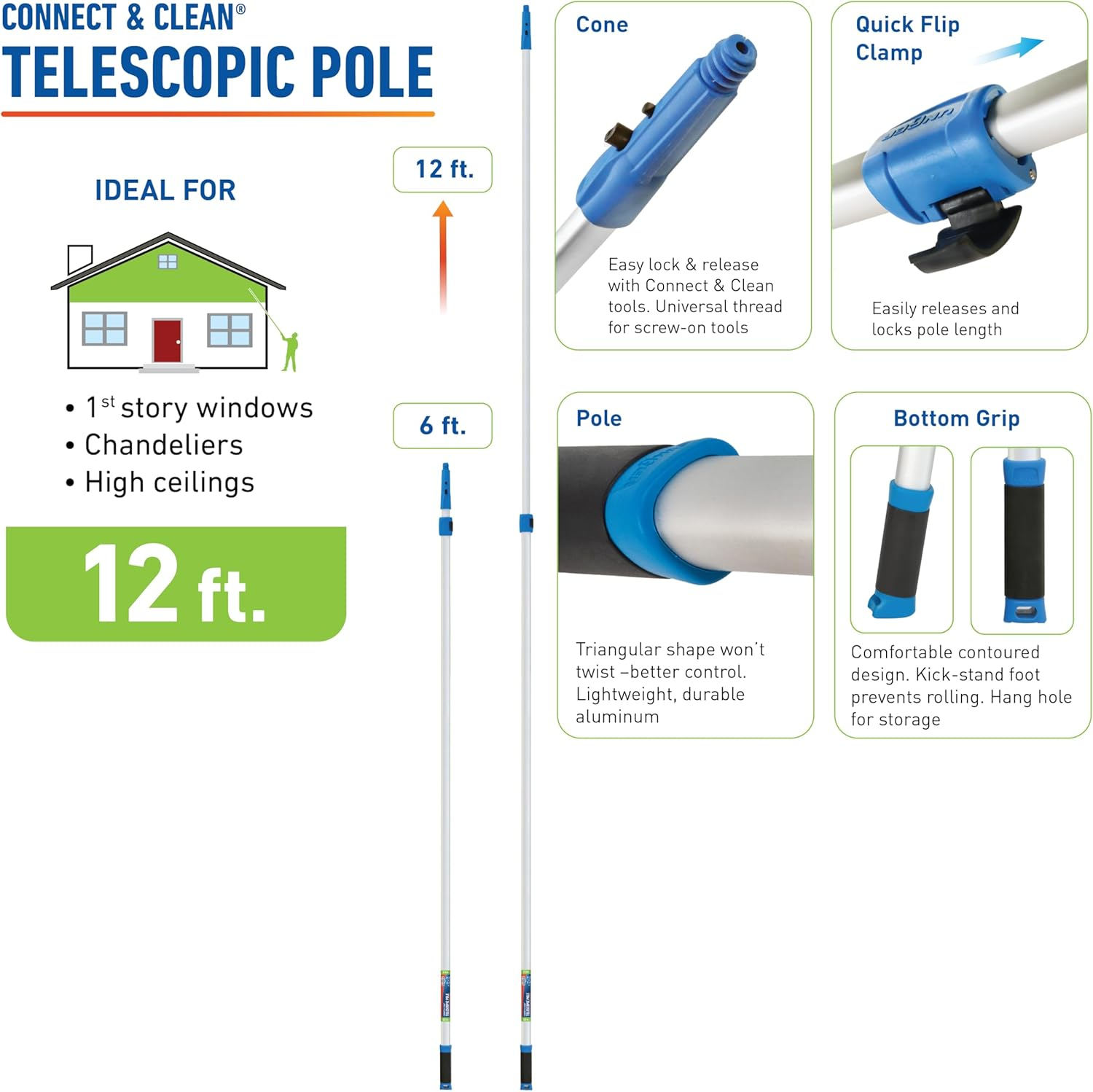 Unger Professional Connect and Clean 6’-12’ Aluminum Telescopic Extension Pole with Locking Cone and Quick-Flip Clamp, Compatible with Cleaning Tool Attachments, Indoor and Outdoor Use