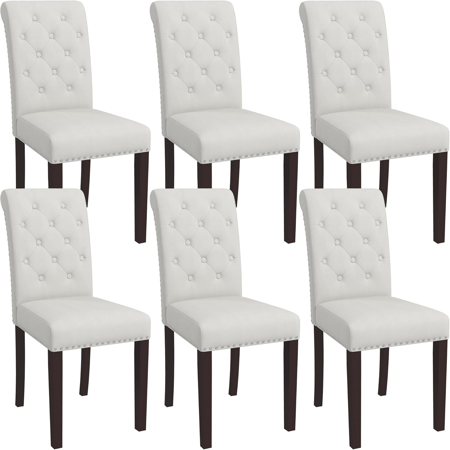 Westice Dining Room Chairs Set of 6 Upholstered PU Leather Kitchen Chairs Dining Room Side Chair with Nailhead Trim and Rubber Wood Legs for Small Space Apartment, Brown