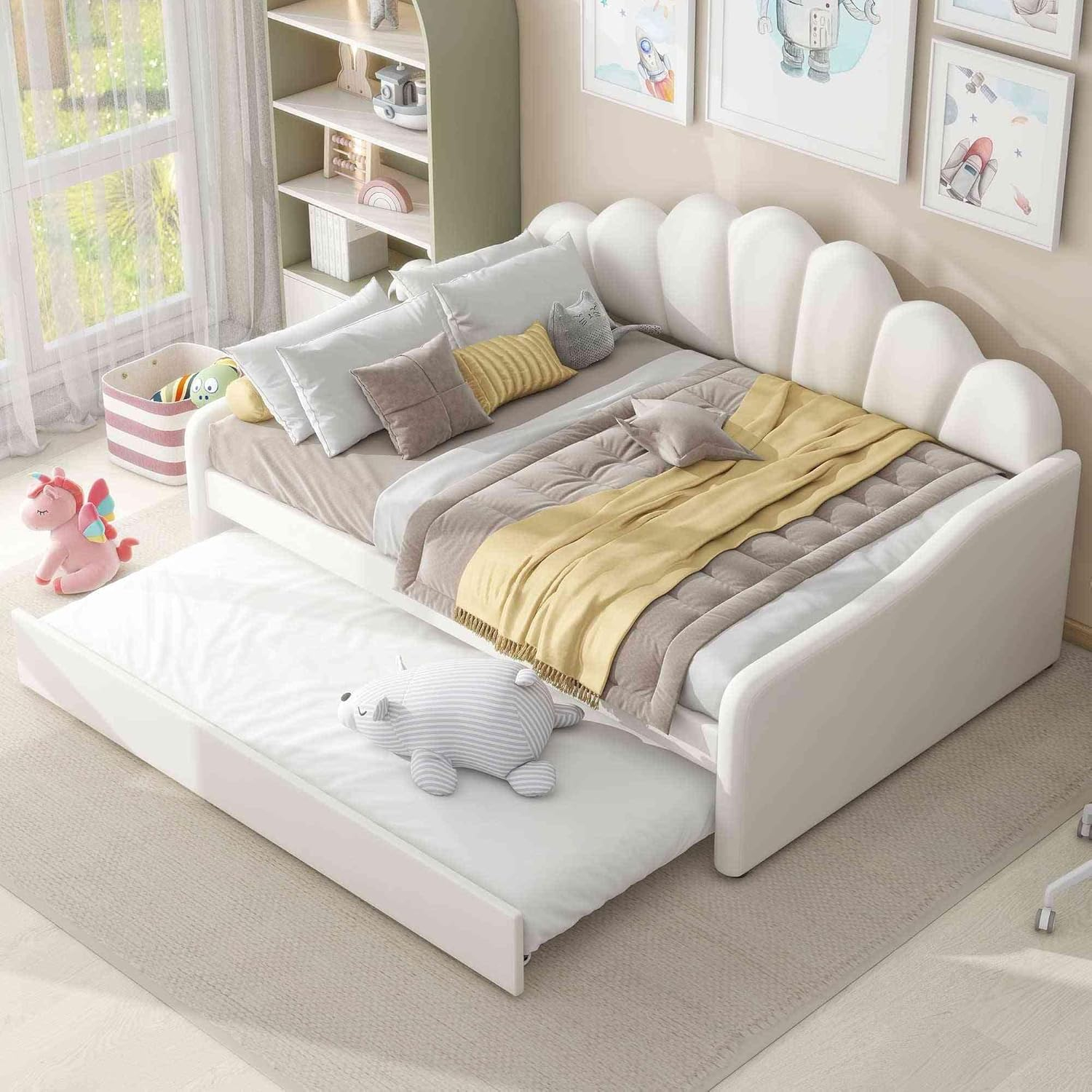 ATY Full Size Upholstery Daybed with Trundle and Backrest, Shall Shaped Bedframe, Sofa Design, for Bedroom, Guestroom, Small Space, Beige