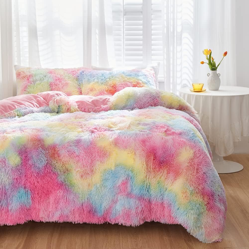 SUCSES Pink Fluffy Full Size Bedding Sets for Girls Faux Fur Plush Shaggy Kids Duvet Cover Set Colorful Rainbow Furry Comforter Cover Set Tie Dye Teen Girl Bed Set (Pink, Full)