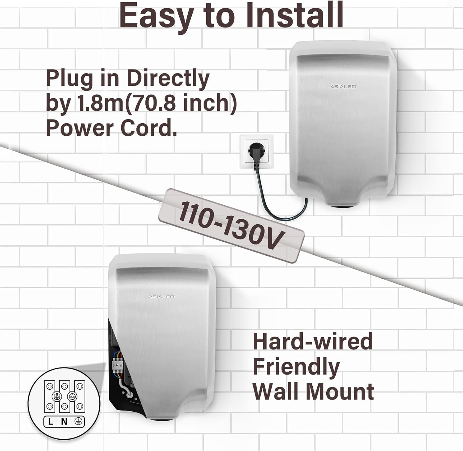 Hand Dryer for Bathroom Commerical,UL Listed and ADA Compliant Automatic Electric Plug in Hand Blower,Cold/Hot air switchable,High Speed 1000W,70dB,Brushed Stainless Steel Cover,Wall Mounted