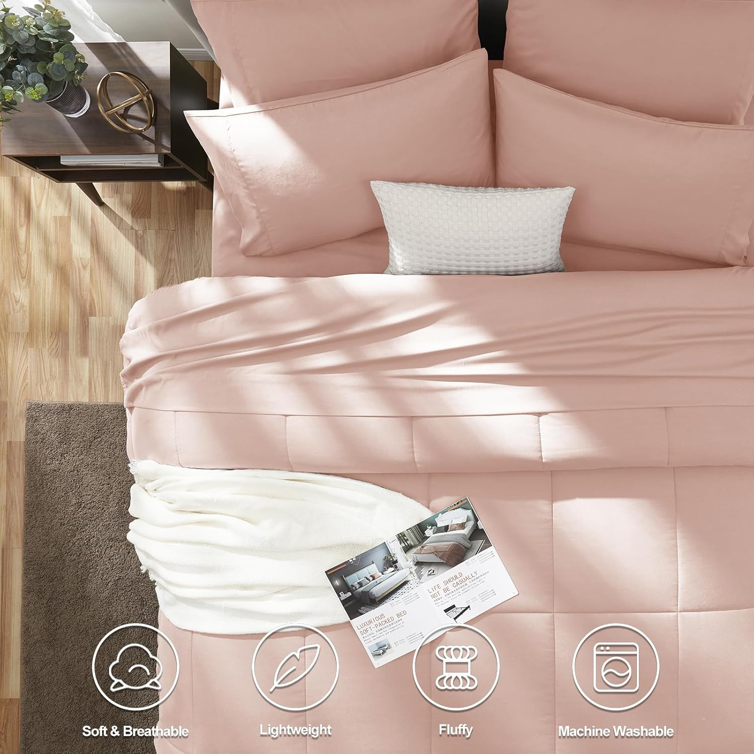 CozyLux Pink Comforter Set Queen - 7 Pieces Bed in a Bag Toddler Girls Comforter Set Teen Girl Bedding Sets with All Season Quilted Comforter, Flat Sheet, Fitted Sheet, Pillowcases, Blush Pink