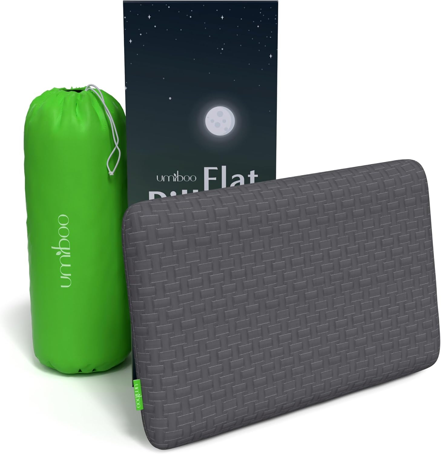 Umiboo by Focus Thin 2.5-Inch Memory Foam Pillow for Stomach and Back Sleepers 2-Pack (Gray)