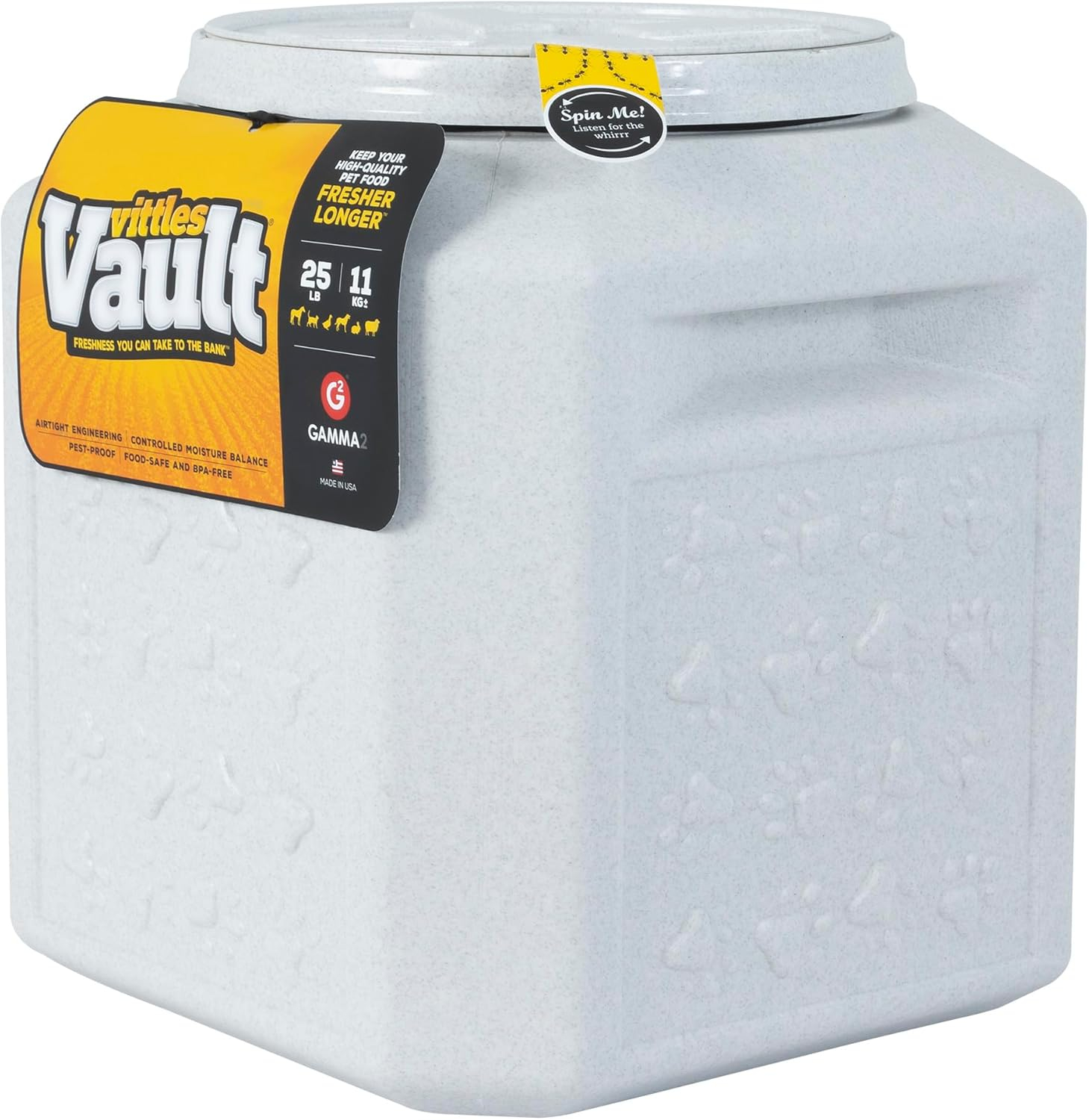 Gamma2 Vittles Vault Outback Pawprint Plastic Dry Pet Food Storage Container for Dogs, Gray, 25 Pound Capacity
