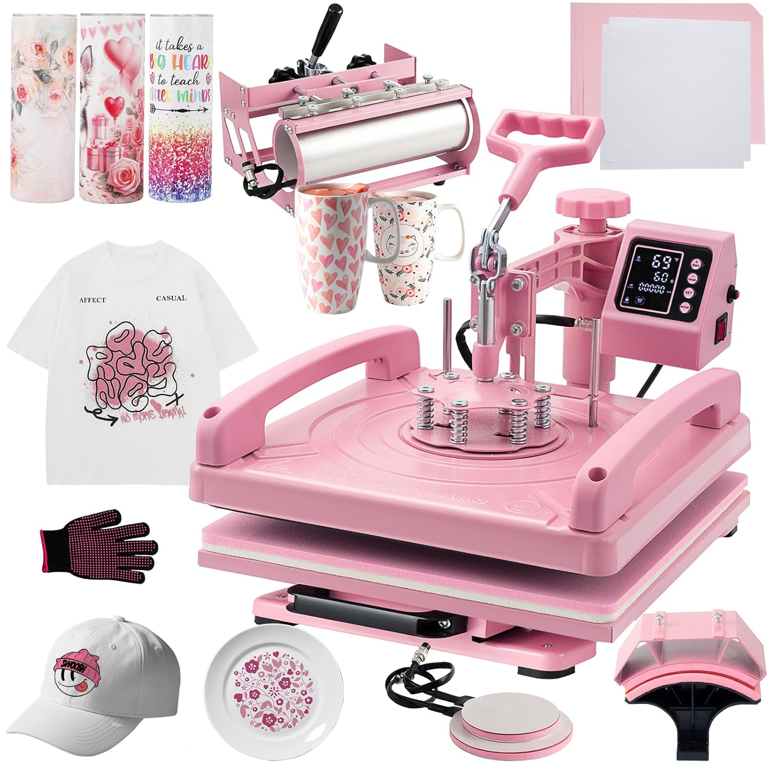 VEVOR Heat Press Machine 15x15 inch, Heat Press Machine for T-Shirts, 5 in 1 Heat Press with 30 OZ Tumbler Press, Combo Tumbler Heat Press Machine Sublimation for Hat Cap Mug Plate, Pink