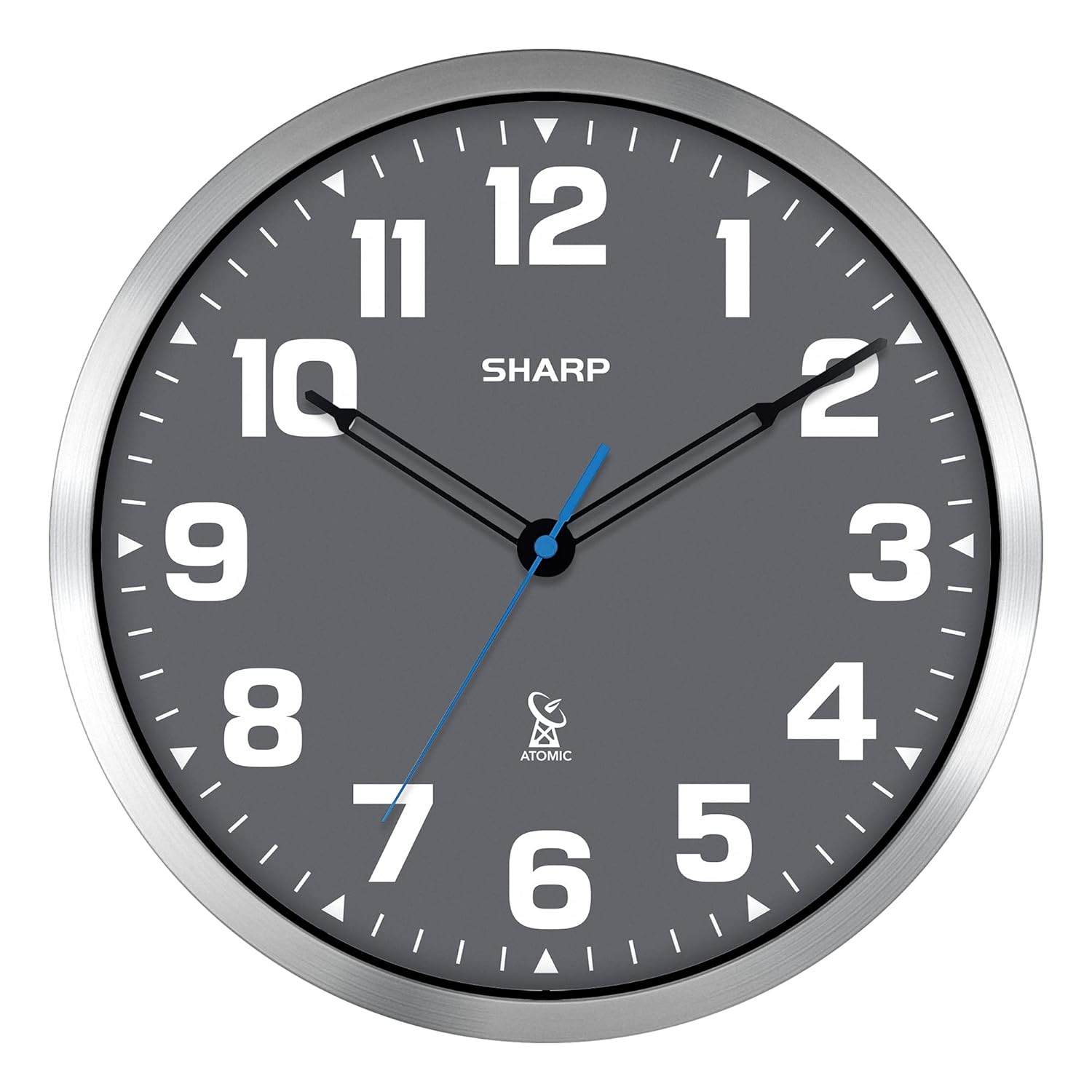 Sharp Atomic Analog Wall Clock - 12" Grey Face Silver Finish Auto Set Battery Opp Modern Design