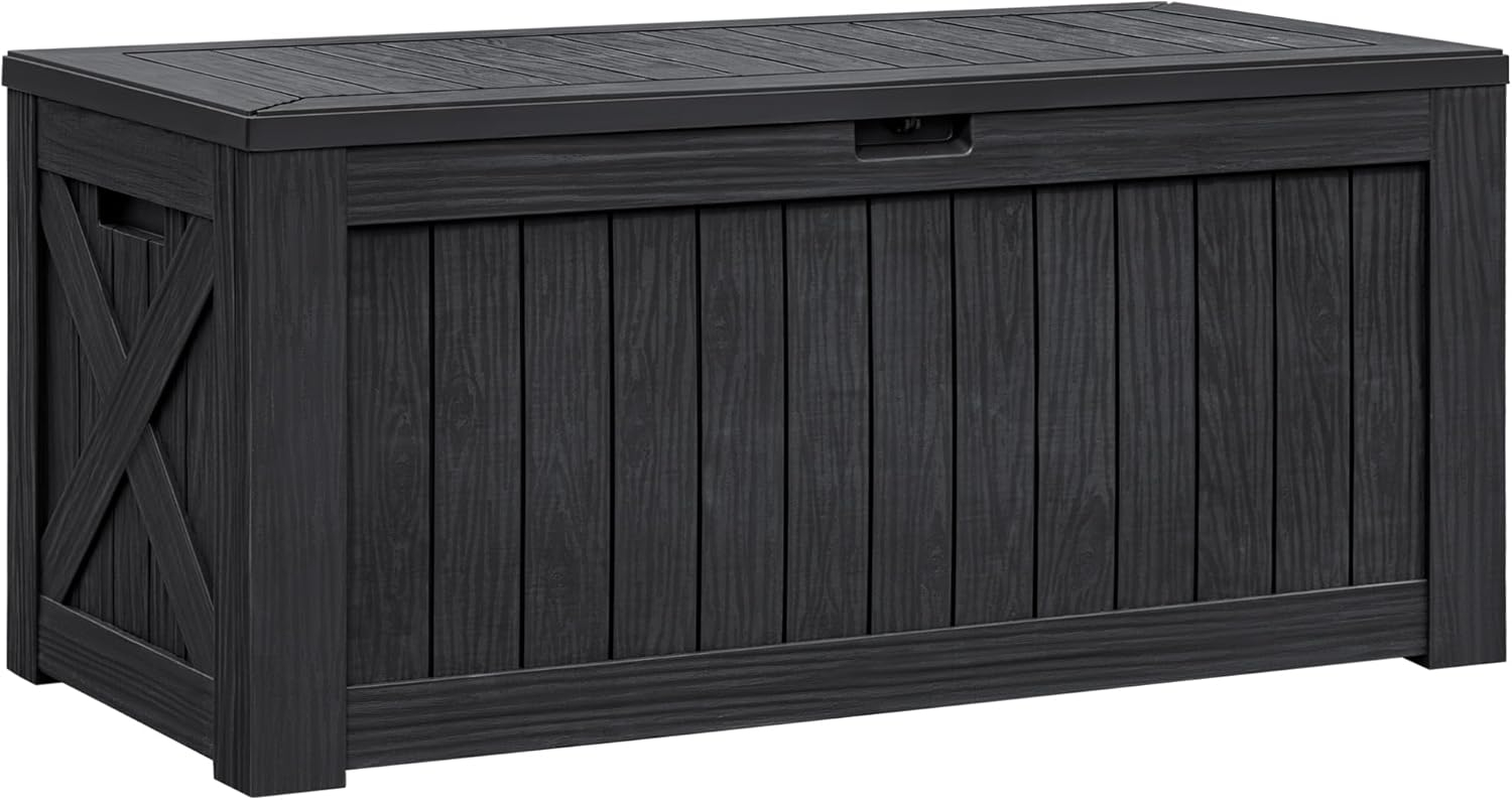Flamaker Deck Box with Cushion 100 Gallon Waterproof Resin Storage Box with Air Rod Indoor Outdoor Lockable Storage Bench for Patio Furniture, Tools, Pool Accessories (Black)