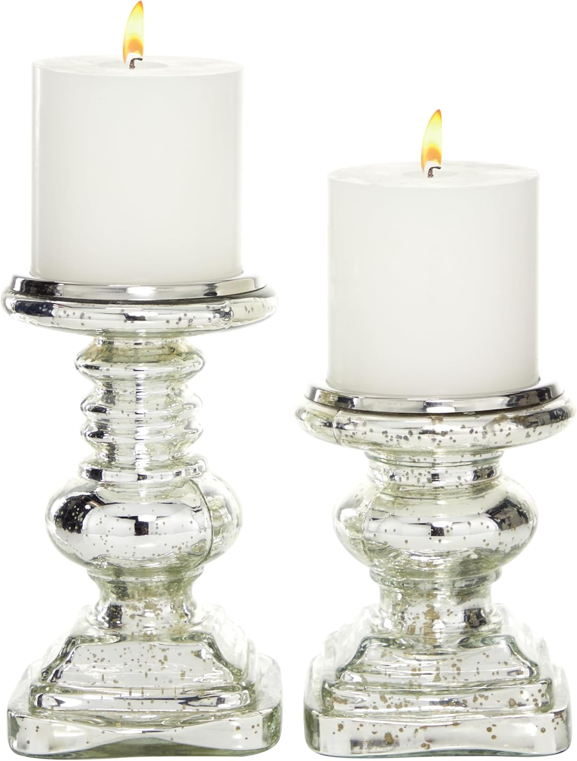 DecMode 2 Candle Silver Glass Handmade Turned Style Pillar Candle Holder, Set of 2