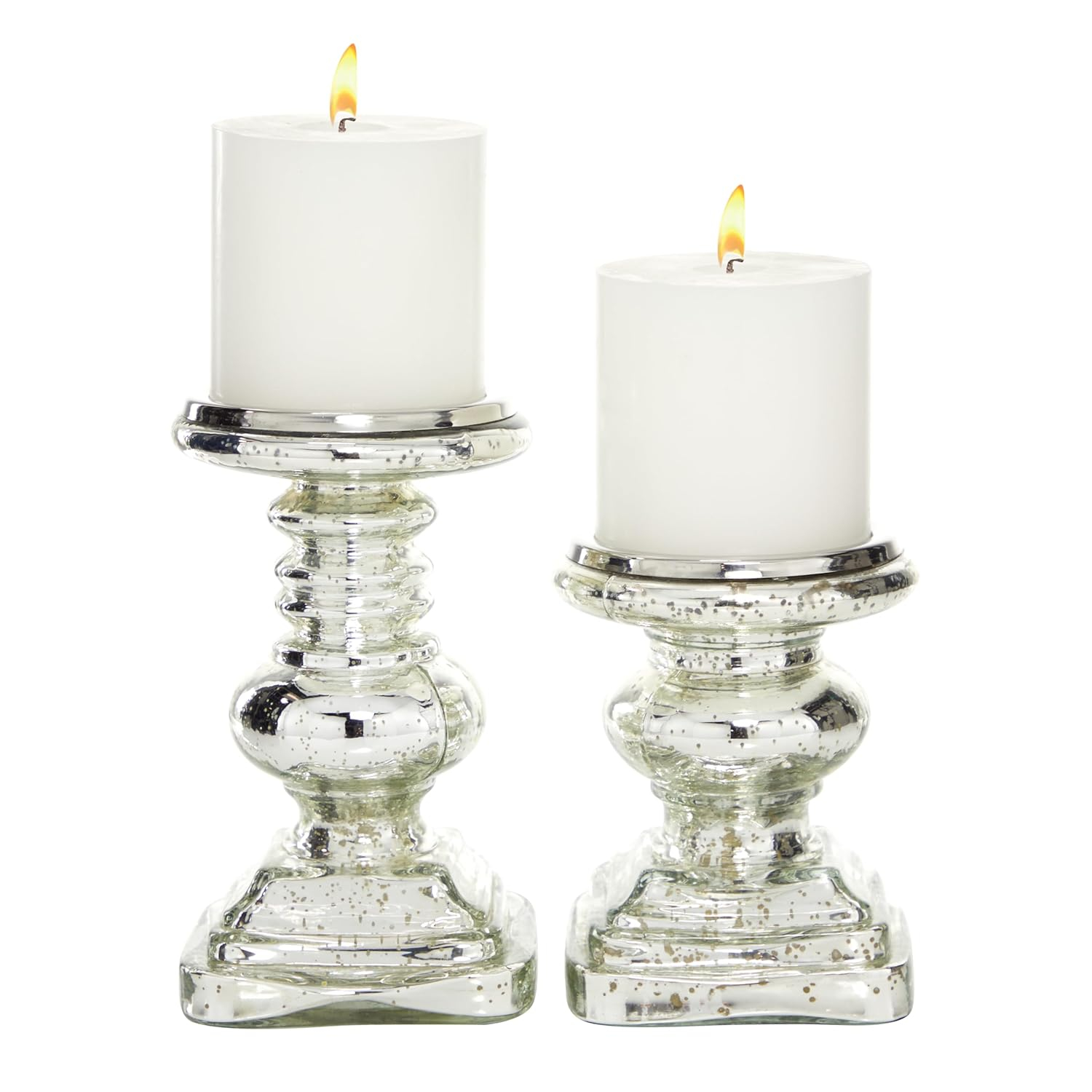 DecMode 2 Candle Silver Glass Handmade Turned Style Pillar Candle Holder, Set of 2