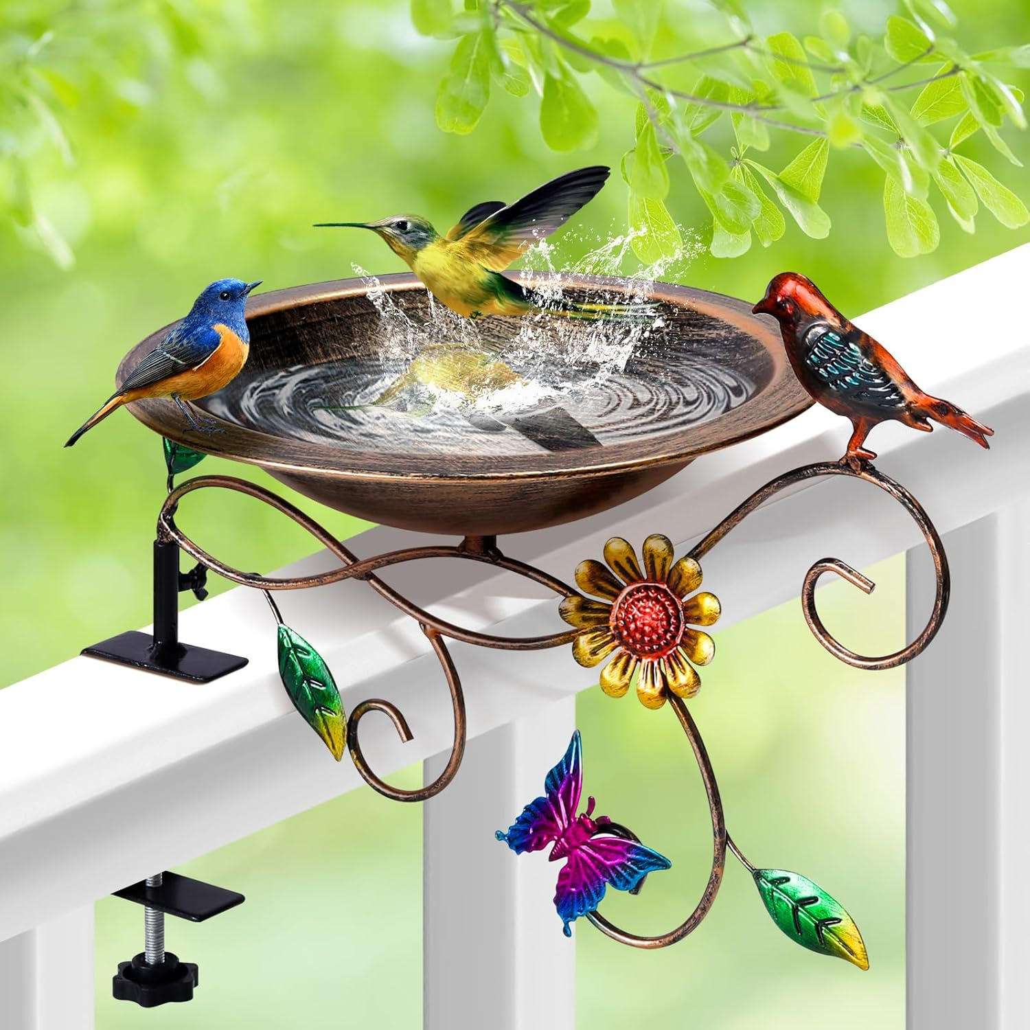 August Grove® Deck Mounted Bird Bath Detachable Metal Birdbath Bowl With Adjustable Clamp