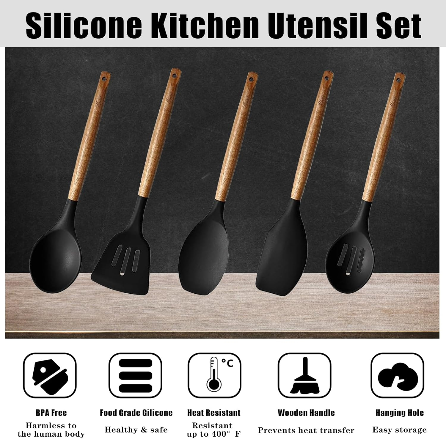 Kitchen Utensils Set, Silicone Cooking Utensils Set,Non-Stick Silicone Spatula Set with Natural Acacia Hard Wood Handle, 5 Piece, Upgraded Thickened Cookware