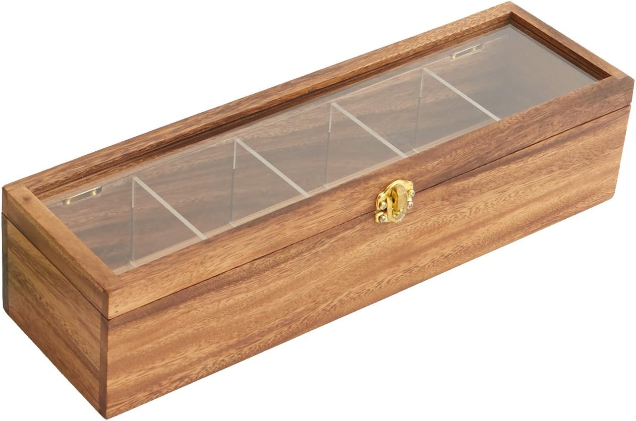 Acacia Wood 5-Compartment Tea Box with Acrylic Window