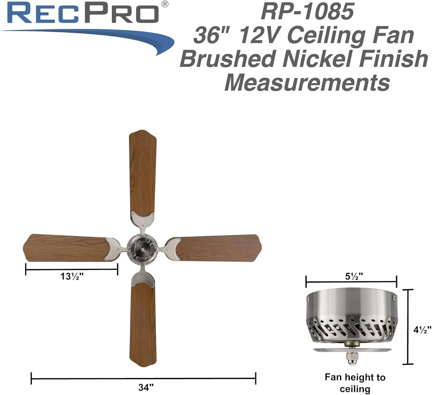 RecPro RV Ceiling Fan | 12V | 36" Brushed Nickel Finish | 4 Blades | Includes Switch (Oak)