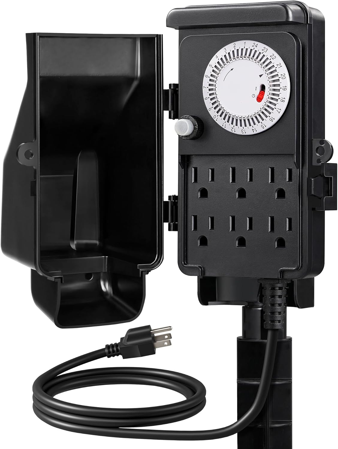 DEWENWILS Mechanical Outdoor Power Stake Timers for 6 Outlets, 6FT Extension Cords, Garden Power Strip Stake Timers for for Holiday/Christmas Decor, Lights, 24 Hour Multi Socket Timer,1800W/15A