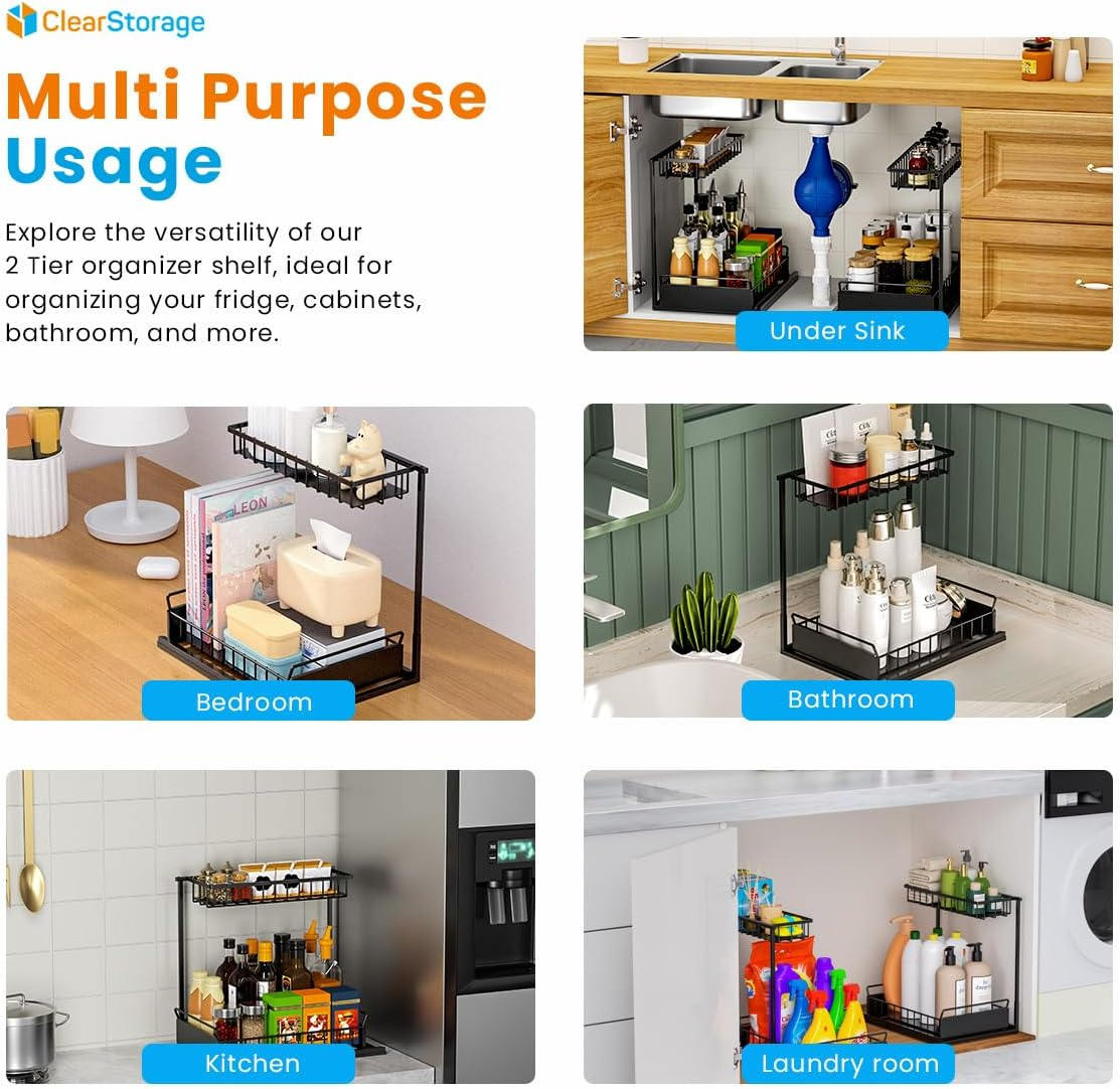 Under Sink Organizers and Storage, 2 Tier, L Shaped, Pull out sliding, Adjustable Under Sink Organizer for Kitchen Bathroom Cabinet Counter Organizer with Non-Slip Feet undersink organizer (BLACK)
