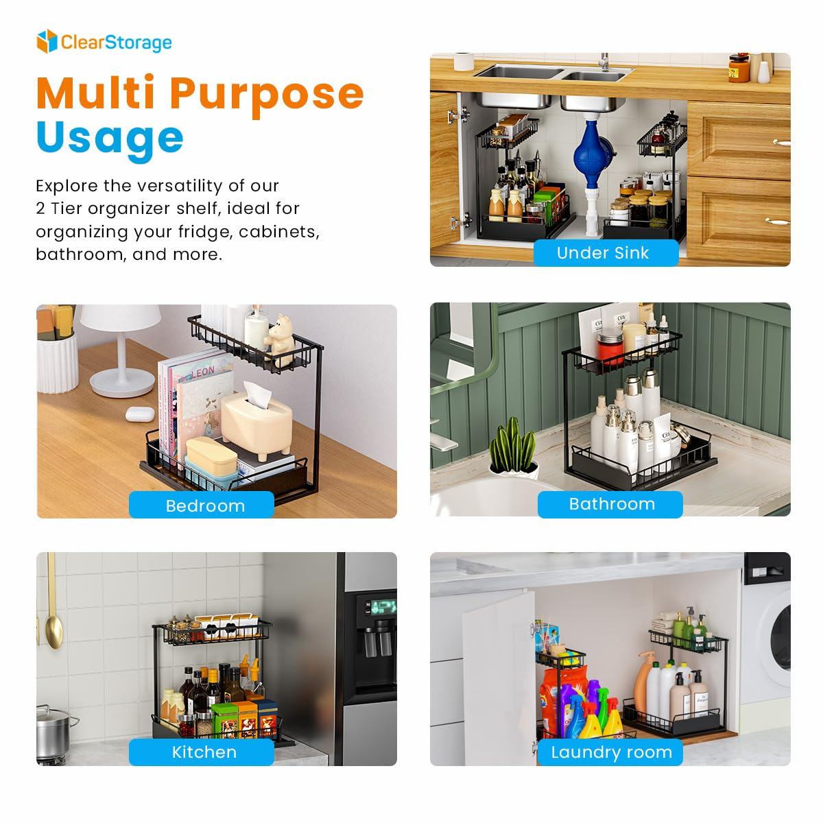 Under Sink Organizers and Storage, 2 Tier, L Shaped, Pull out sliding, Adjustable Under Sink Organizer for Kitchen Bathroom Cabinet Counter Organizer with Non-Slip Feet undersink organizer (BLACK)