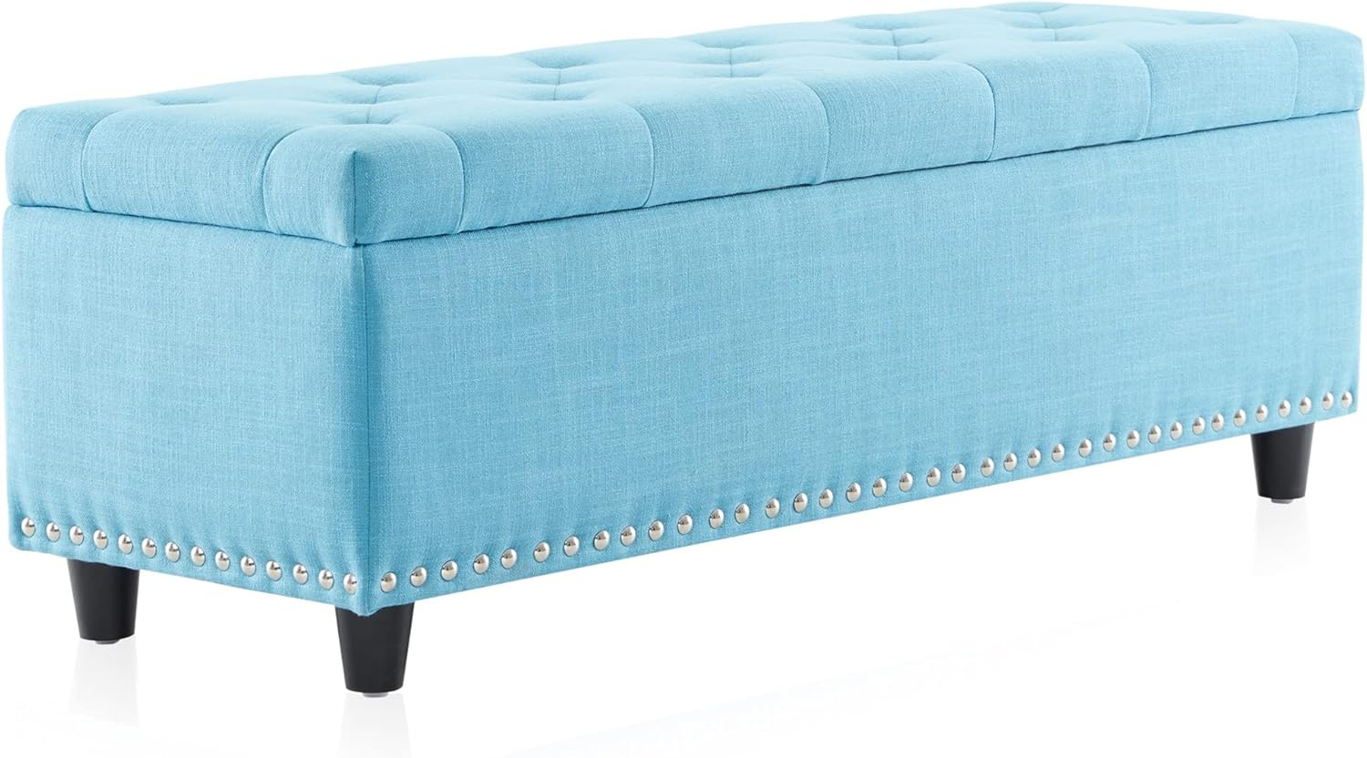 BELLEZE Button-Tufted Linen Storage Ottoman Bench - Brentwood (Blue)
