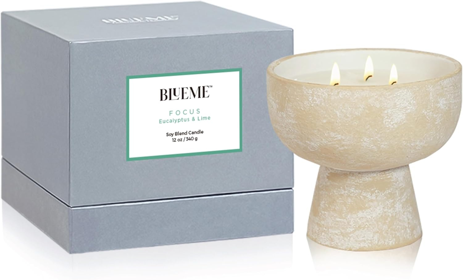 BLUEME Focus-Eucalyptus & Lime, 3 Wick, Refillable Wellness Candle, Contains Essential Oil, Sustainable, Hand Finished, Hand Poured, Premium, Luxury Ceramic, Natural Cotton Wick, Soy-Wax Blend