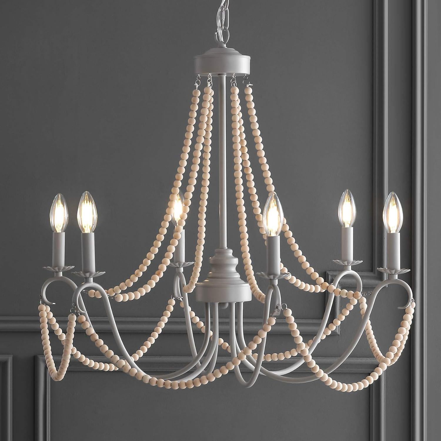 Rustica 6-Light 27" Adjustable Greige Metal/Wood Bead LED Chandelier, Grey/Natural