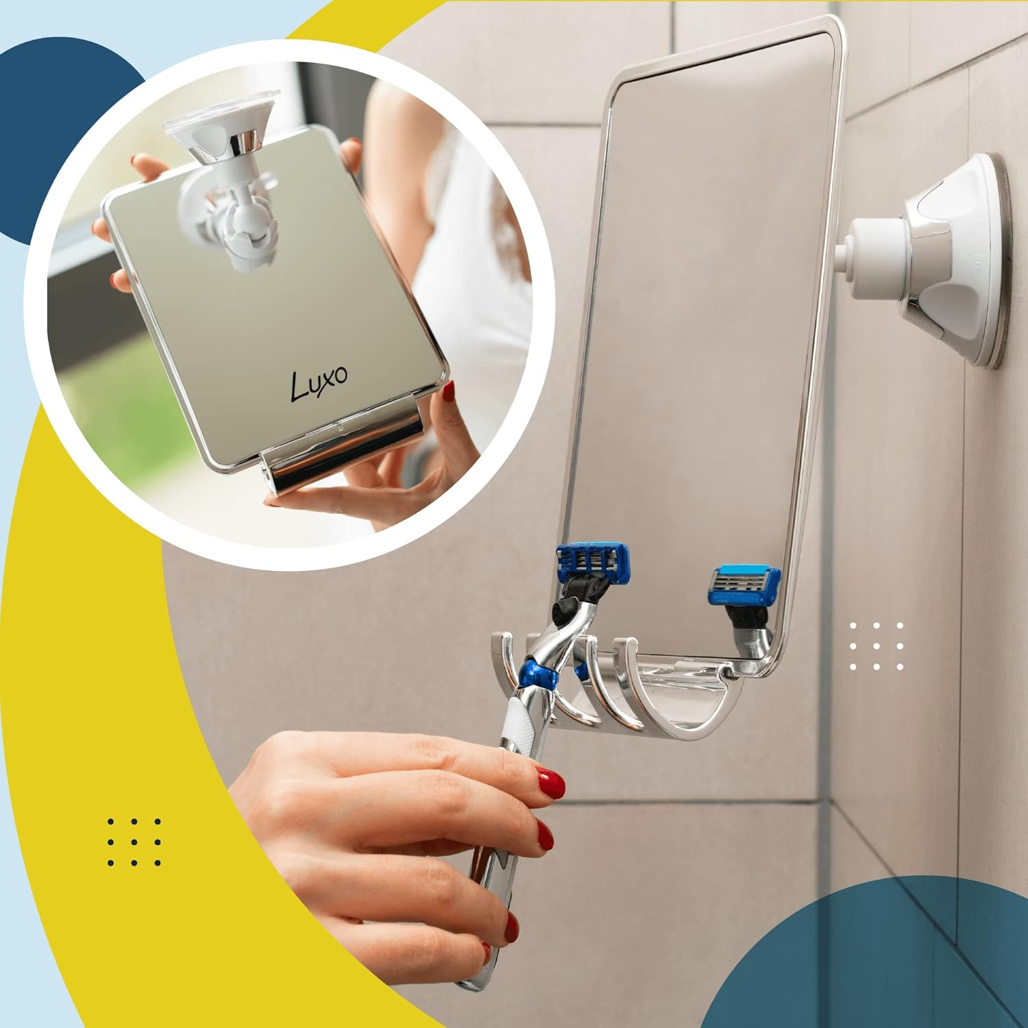 Luxo Shower Mirror, Shower Mirror fogless for Shaving with a Removable Razor Holder - Shaving Mirror for Shower with a Powerful Suction Cup - Shatterproof fogless Mirror for Shower