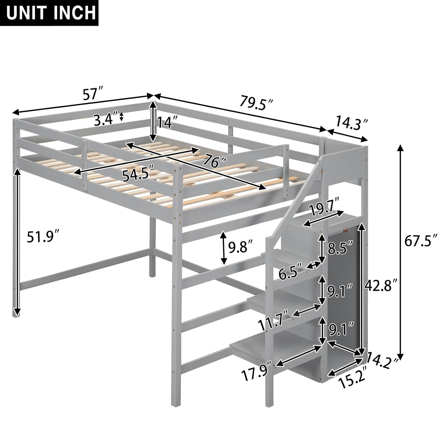 Harper & Bright Designs Full Size Loft Bed with Storage Shelves & Wardrobe, Wood Full Loft Bed Frame with LED Light for Kids Teens,Adults,Space Saving High Loft Bed,White
