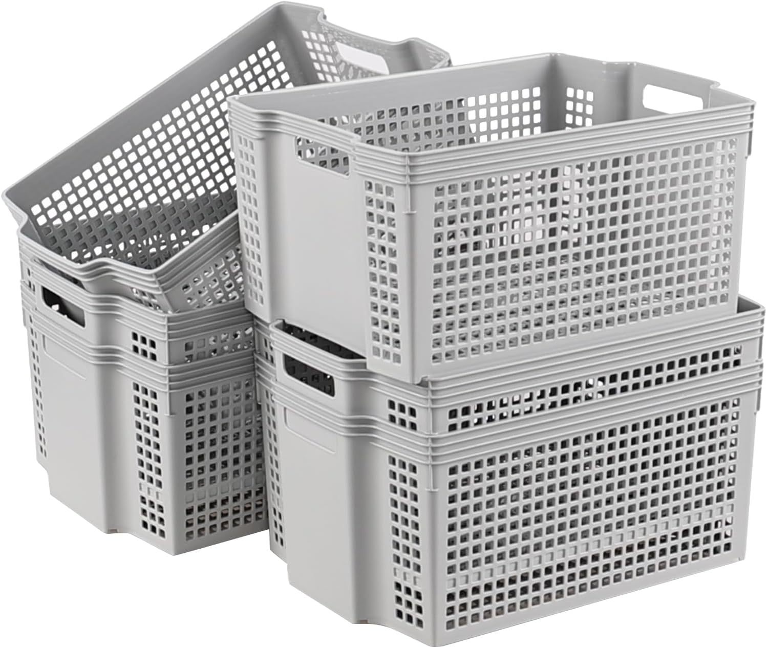 Gray Rectangular Stacking Plastic Storage Baskets, 13 Quart Capacity, Set of 6