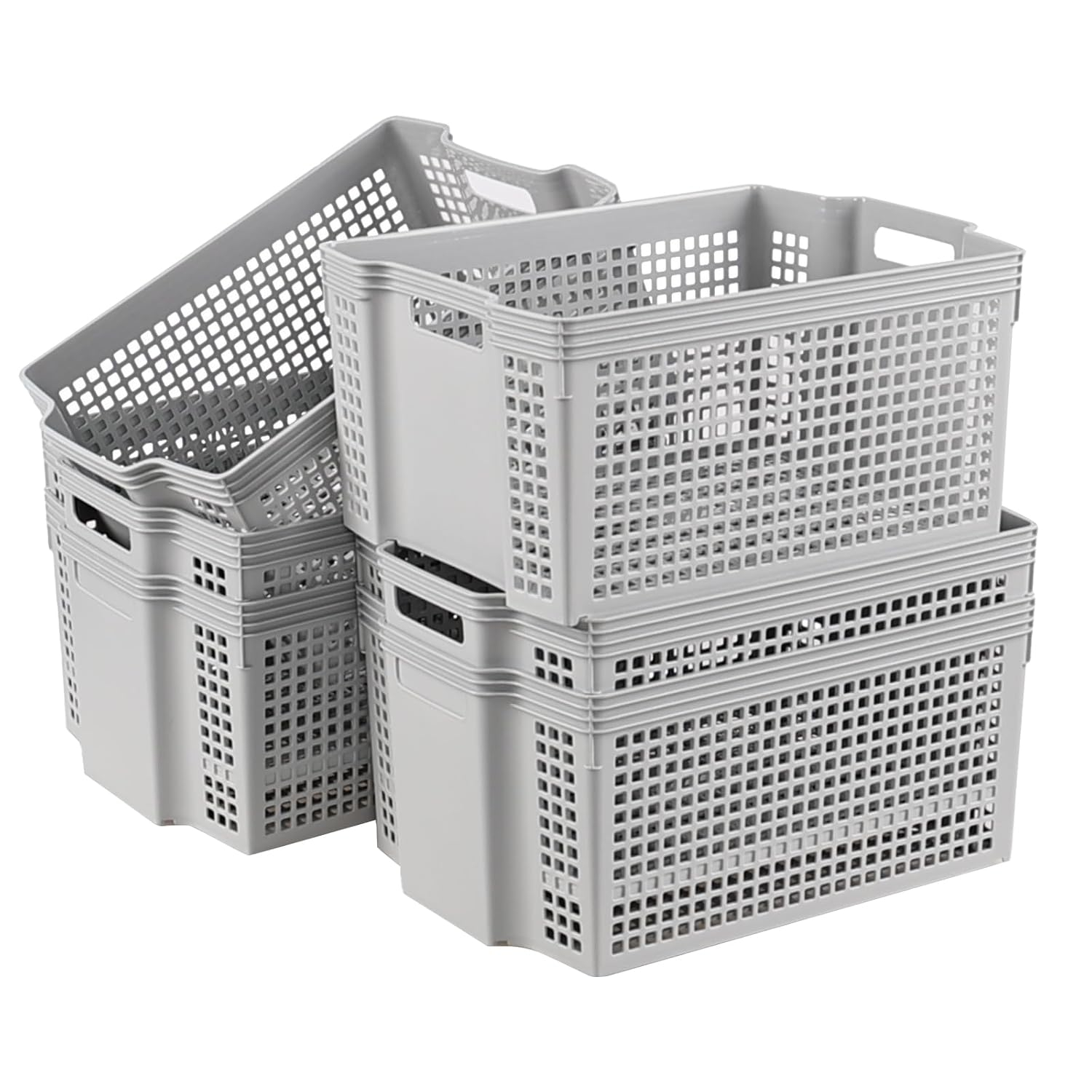 Gray Rectangular Stacking Plastic Storage Baskets, 13 Quart Capacity, Set of 6