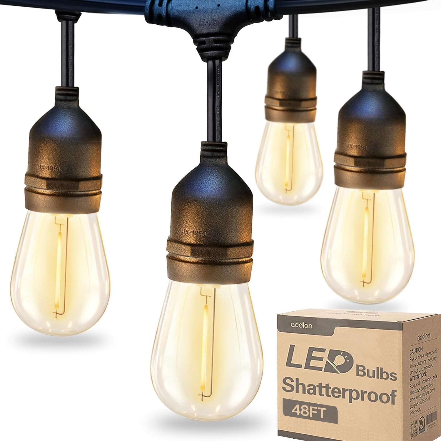 addlon 48 FT Outdoor String Lights Commercial Grade Weatherproof Strand, 18 Edison Vintage Bulbs, 15 Hanging Sockets (3 Spare Bulbs), ETL Listed Heavy-Duty Decorative Christmas Lights for Patio Garden