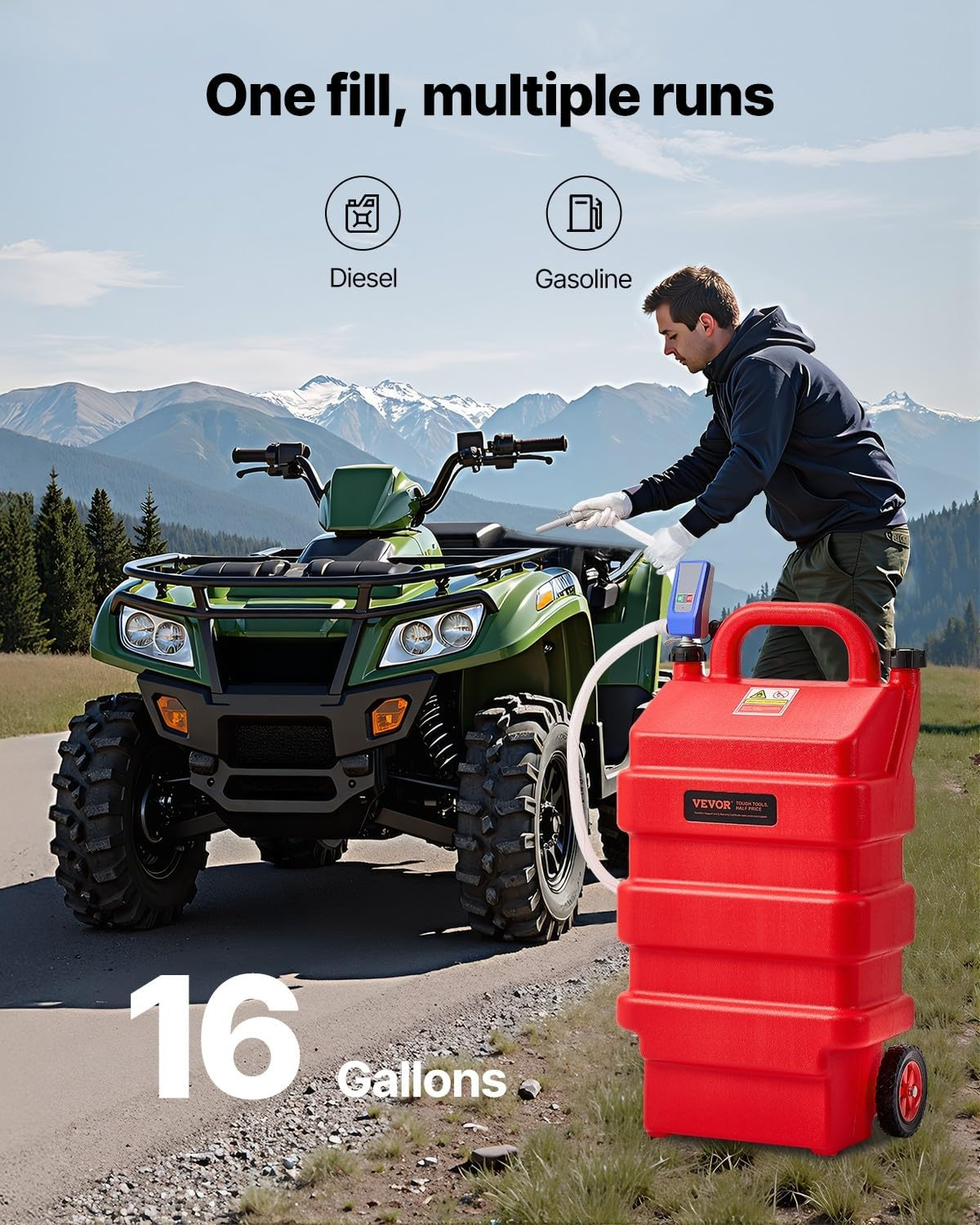 VEVOR Fuel Caddy, 16 Gallon, Portable Fuel Tank with 12V DC 2.5 GPM Electric Fuel Transfer Pump, 4 ft Delivery Hose & Auto-Stop Sensor Nozzle, Tank Adapters, Suitable for Diesel & Gasoline, Red