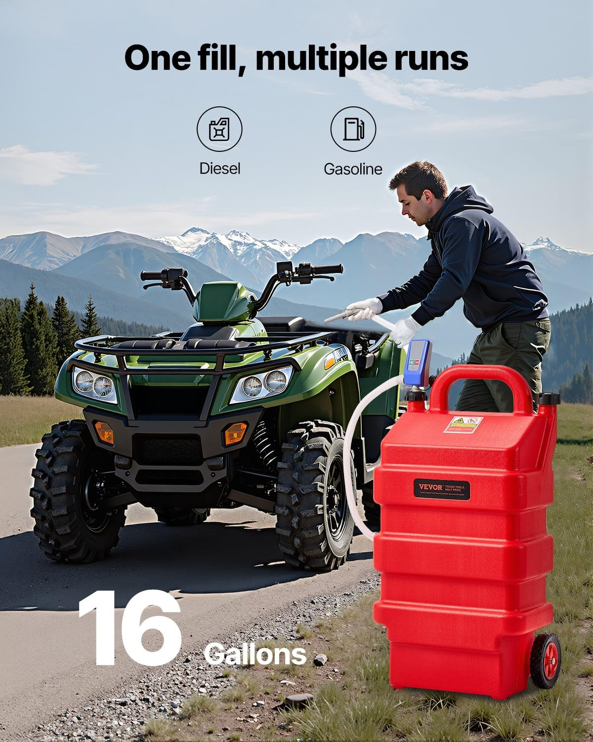 VEVOR Fuel Caddy, 16 Gallon, Portable Fuel Tank with 12V DC 2.5 GPM Electric Fuel Transfer Pump, 4 ft Delivery Hose & Auto-Stop Sensor Nozzle, Tank Adapters, Suitable for Diesel & Gasoline, Red
