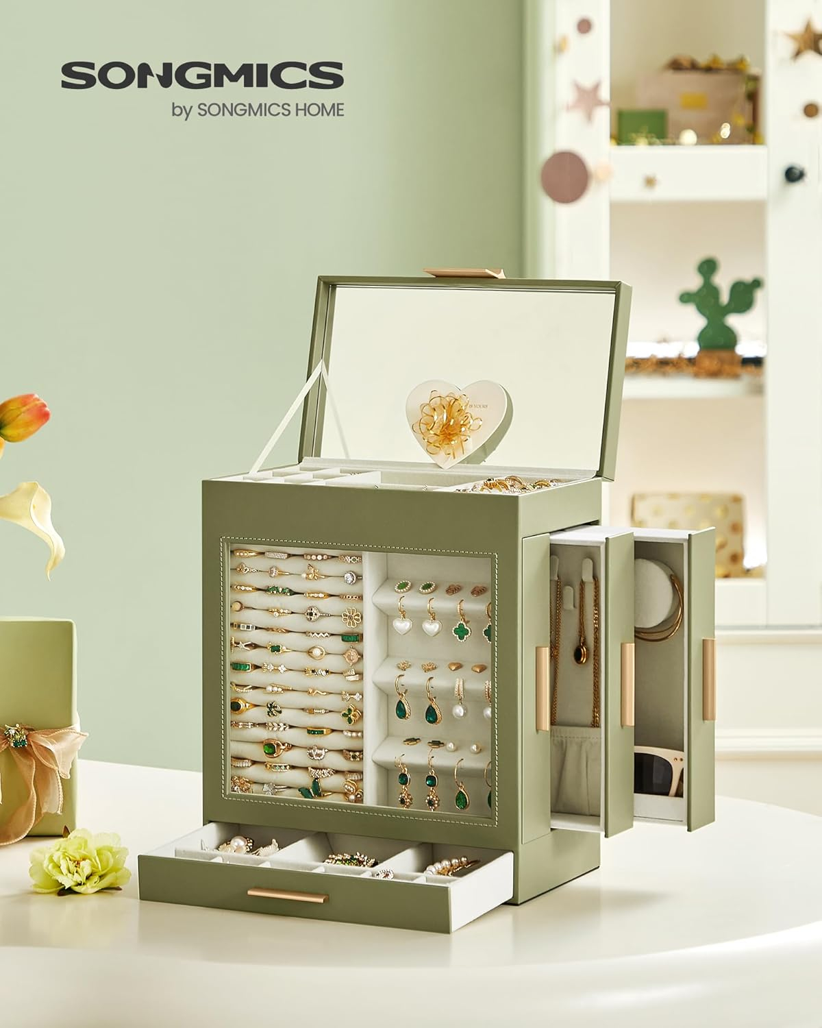 SONGMICS Jewelry Box with Glass Window, 5-Layer Jewelry Organizer with 3 Side Drawers, Jewelry Storage, with Big Mirror, Modern, 6.1 x 10.3 x 12.6 Inches, Laurel Green and Metallic Gold UJBC162C02